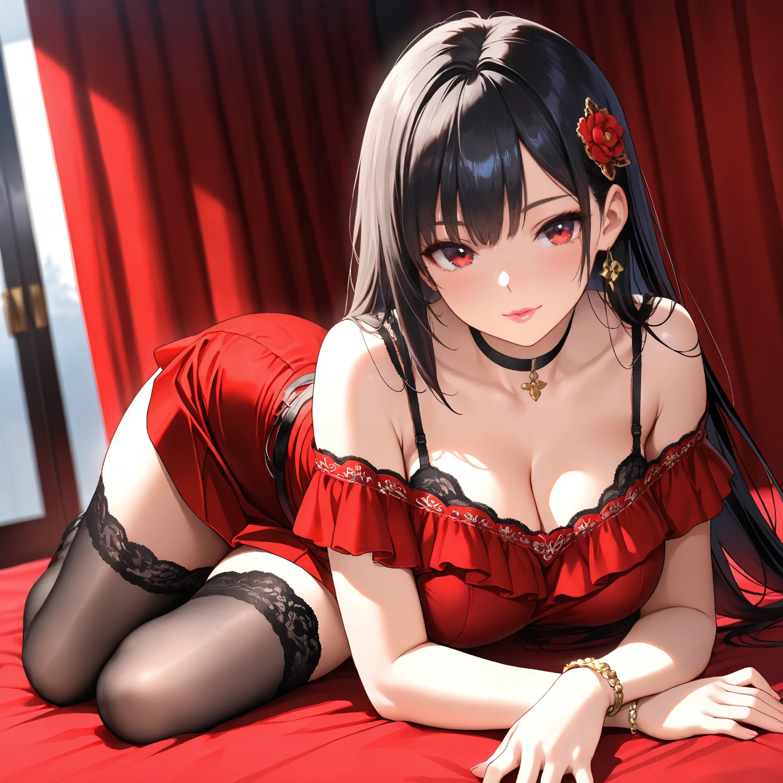(sleepy style), (solo:2, 18 yo straight black hair long hair cool dominance girl, sleepy red eyes, cute open mouth, glossy lips, tears, big tits), in a detailed red silky negligee, break, in ＴＨＥ Royal bedroom, BREAK, perfect anatomy, masterpiece, best quality, 16k, beautiful detailed grow, daydreaming expression.