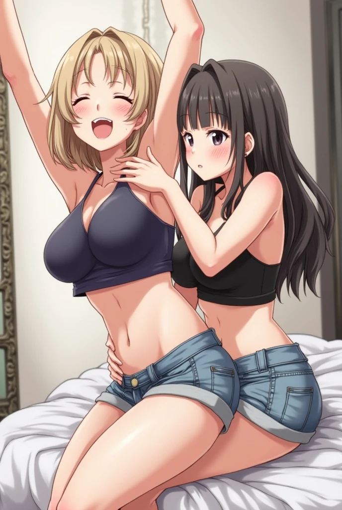 realistic, two women, selfie, body close together, looking up, cleavage emphasis, smiling, face extra large zoom, sitting on bed, sexy, (camisole), (micro shorts)