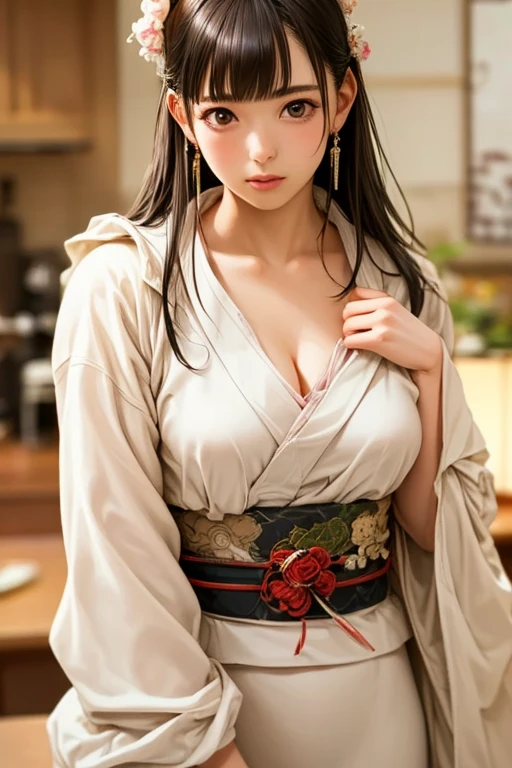 Japanese girl with long black hair with fringes and big tits in blacksmith clothing 