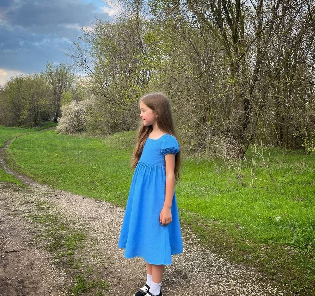 7 year old girl, brown hair, wearing a blue dress, barefoot, in a park