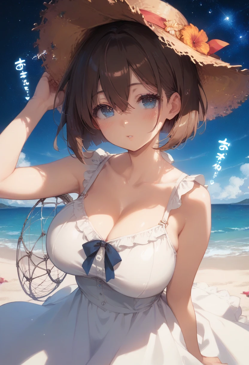((highest quality)), ((masterpiece)),High resolution,Sharp focus,(Super detailed,Very detailed),(Very detailed CG unity 8k wallpaper),
(((Vibrant colors))), Perfect Face,
Liza Lynn Stout, Raisalin Stout, 
Big Ass,Big Breasts,glamorous_expensive_Tight waist_Long legs,curve,Thighs,curvy,
very shiny 肌,Shiny body,plastic glitter 肌,exaggerated shiny 肌,illuminated skin,
cute,Lewd,erotic,Bold,Camel Toe,short hair,Brown Hair,Knee socks,gloves, brown gloves, 片手gloves,レザー gloves,
White Hat, Star Necklace,hair ornaments, (Brown eyes:1.5), Hair Clip, 
8k wallpaper, (figure:0.8), (Beautiful fine details:1.6), 
Very detailedな顔, Very detailedなCG, (Perfect hands, Perfect Anatomy),
Open your mouth, upper body, ok sign, Shy laugh,Looking up from below,Beyond the Clouds, Surrounded by water, reflection,Breathtakingly beautiful clouds,coastal,Sweaty skin,sit,front,