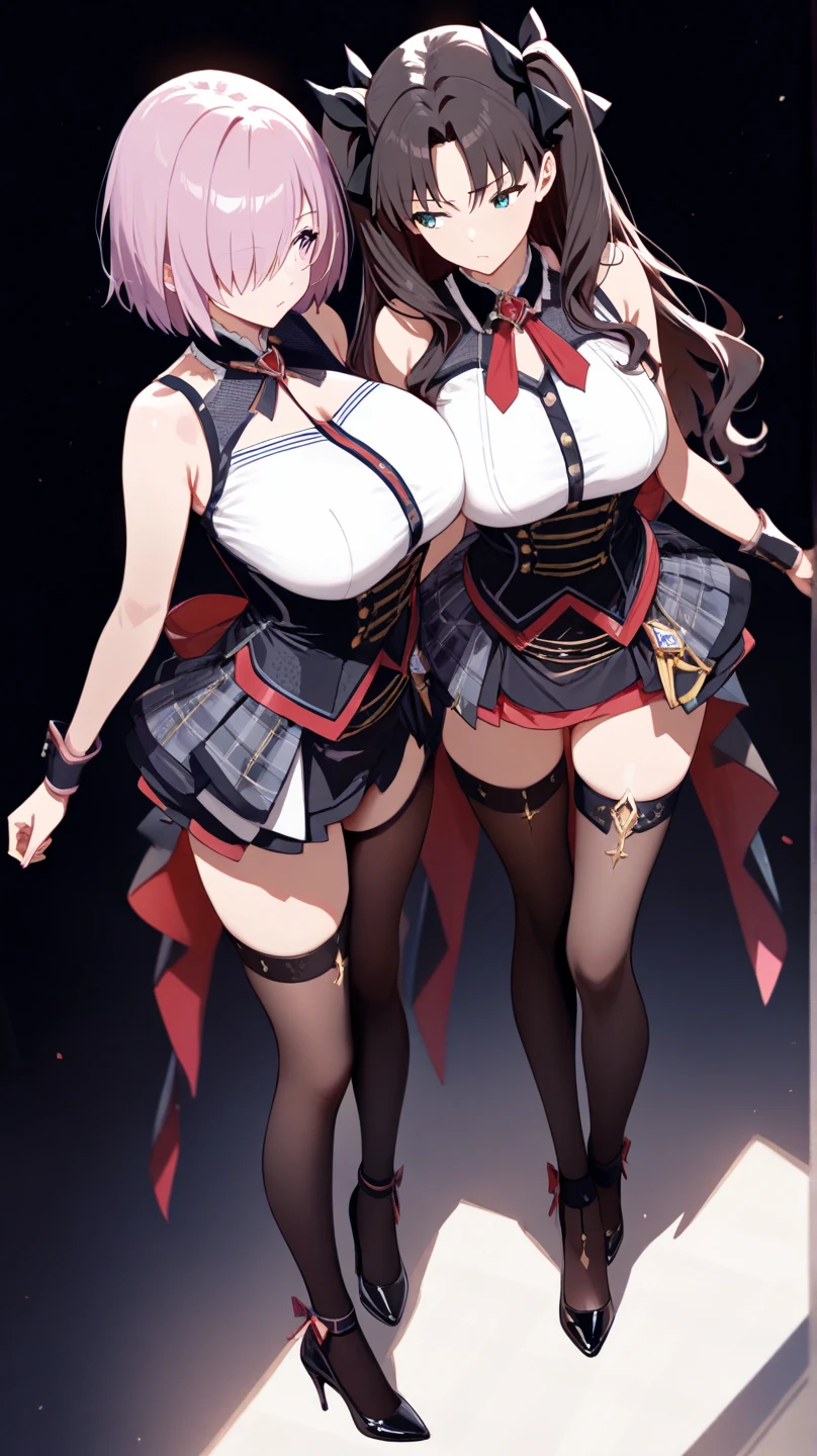 ((1 curvy woman with long black hair and blue eyes huge breasts wearing a very small and tight and very revealing dress)),((1 curvy woman with long brown hair and red eyes with huge bigger breasts and wearing a mini skirt showing her panties)),((two different women looking at each other)),view from below, standing, profiting from destruction