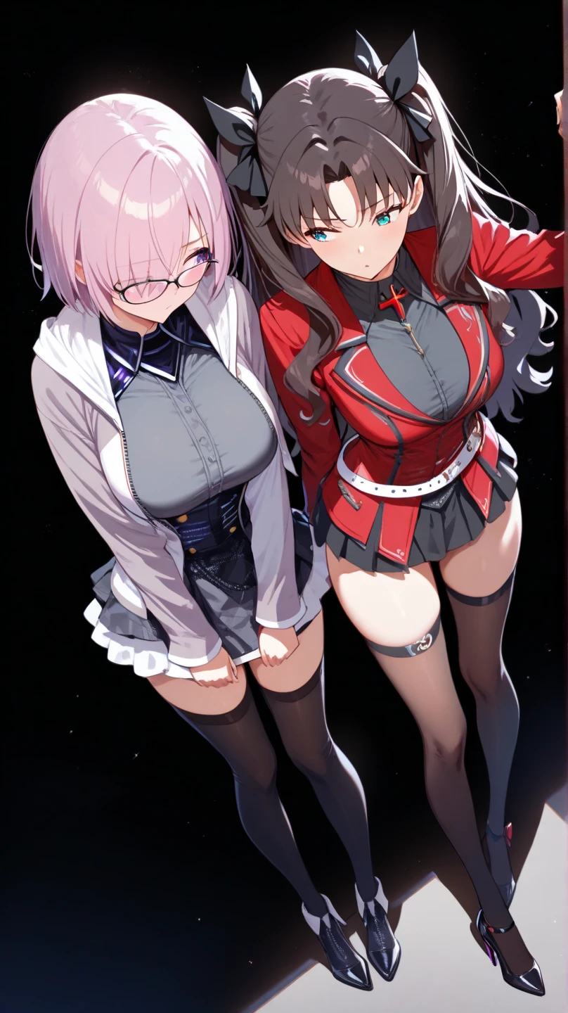 female, black long hair with pink highlights, pink eyes, black wolf ears, black wolf tail with pink trim, (((1girl))), (((white Victorian coat with pink trim))), (black shirt), (black gloves), (pink vest), (brown pants), (black heeled boots), cute and sexy, large breasts, large butt, full body, long legs, smiling