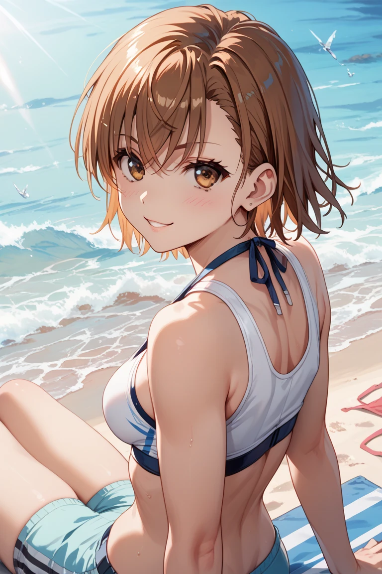 Konui Hirazawa, Yu Hirasawa, short hair, Brown Hair, (Brown eyes:1.5), ponytail,smile,Open your mouth,Light blue bikini string swimsuit,barefoot,Water Play,Wet Hair,Wet Skin,Wet swimsuit,Daytime,Clear skies,True Summer,whole bodyがイラストに入るように,
break outdoors,Ocean,
break looking at viewer,whole body, (Cowboy Shot:1.5),
break (masterpiece:1.2), Highest quality, High resolution, unity 8k wallpaper, (figure:0.8), (Beautiful attention to detail:1.6), Highly detailed face, Perfect lighting, Highly detailed CG, (Perfect hands, Perfect Anatomy),