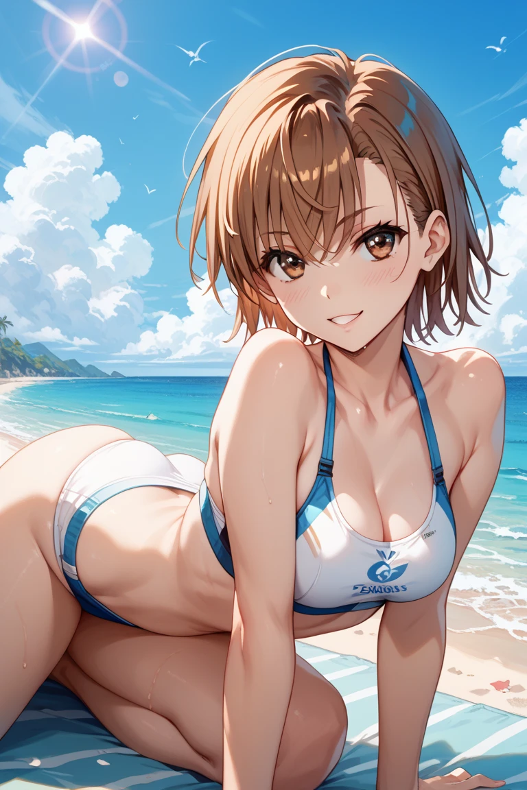Eunie, pregnant, large breasts, brown hair, looking at viewer, cute, blush, cleavage, lactating, smile, bare tummy, hand on stomach, beach, bikini, lying on back, laying down, resting