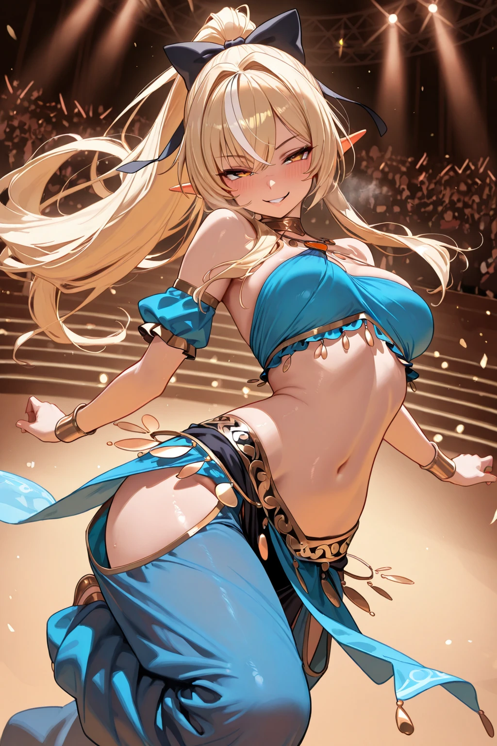 Highest quality, 8k, (One girl:1.3),(((Big Tits:1.1))), (Colorful illustrations:1.4), (masterpiece, Highest quality, Highest quality, Official Art), Very detailed, Most detailed, (Super detailed), ((Very delicate and beautiful)), ((華やかなDancing girlの衣装、Gold embroidery)), ((Dancing girl)), (Glittering jewels, Bracelet, Decorative collar), ((dancing)), ((Twin tails))
