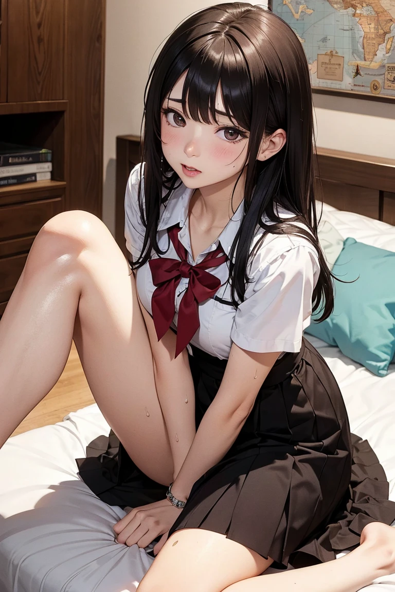 Photorealism、highest quality、超A high resolution、Woman in uniform sitting on bed、Low angle shot:1.5、(M-shaped legs:1.4)、((Showing panties:1.5))、A sexy look for the camera、((Blonde))、((pink silk panties))、((Panties close up:1.4))、Tartan plaid pleated skirt、Knee socks、A cute and beautiful face down to the last detail、(Purelos Face_v1:0.008)、Brown eyes、eyeliner、blush、Embarrassing、Glare、 Glossy Lips: 1.4,  impatience、It was scary、Glare、Panty Appeal、Panties close up:1.3、blush、is crying、cry、Open your knees、Spread your legs、Disheveled clothes、dressing、Medium Long Hair,In the bedroom、Anatomically Accurate human body、Perfect Arms、Perfect hands、Perfect Fingers、Perfect Legs、Accurate human body