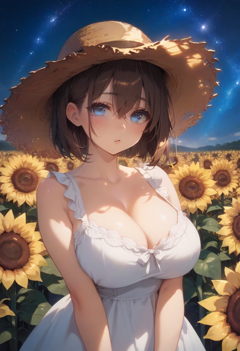 ((Highest quality)), ((masterpiece)), (detailed), (Japanese),12 years old, Black Hair,(Childish face), (bob hair), Girl ,big Breasts, (topless),(Naked), ((Blue eyes)),half-smile , Sunlight, from_behind, ((arched back)), (extreme_close_up) ,upper body ,Sunflower field ,