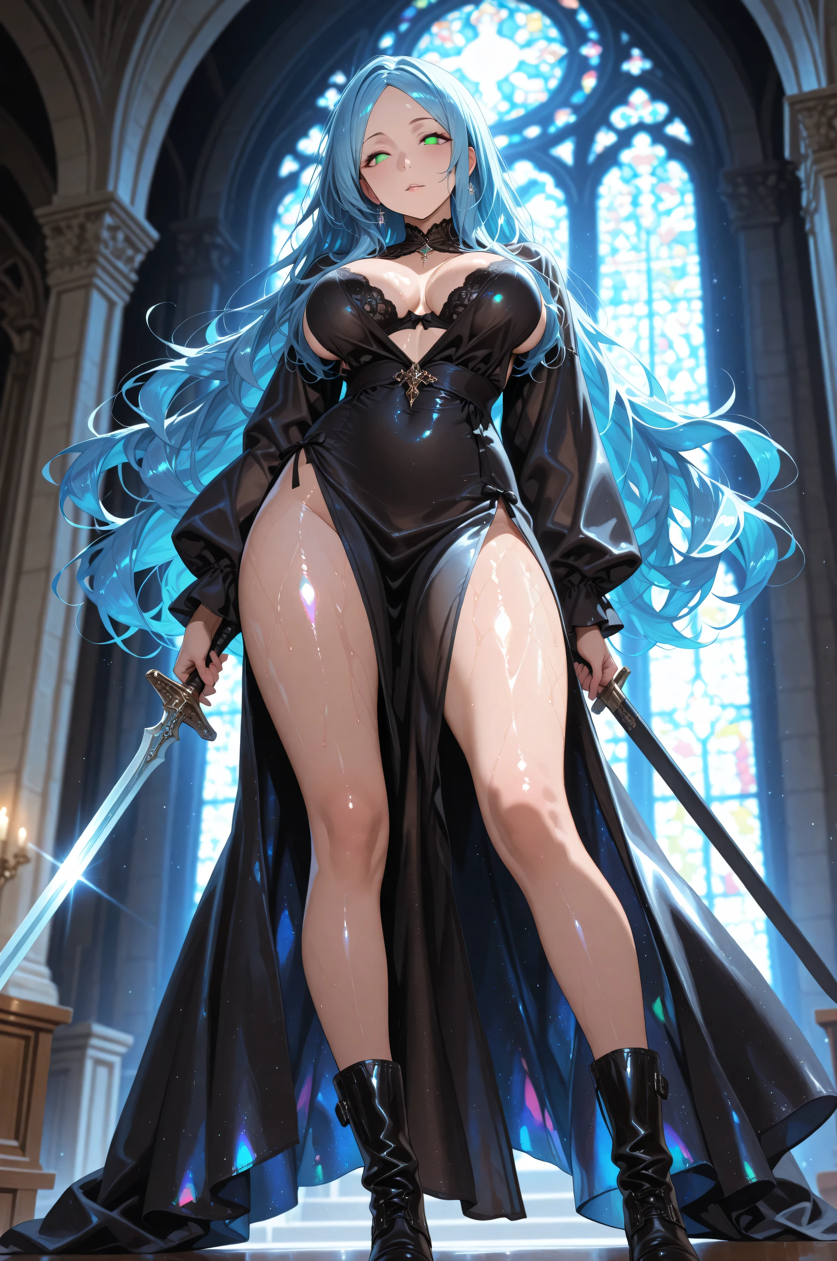 ((Full body photo, standing)). Laura/woman big breasts, ((wearing black maid's clothes with white parts and maid's headdress on her head)), she is inside a cemetery at night is raining hard, her (head/clothes/body soaked in water), she is smiling, in fighting position, fists closed, has (blue hair:1.2) and (green eyes:1.2), (extremely tight clothing on the body),  Mortal Kombat, anime, framed, symmetry, 16k, best quality, super detail, textured skin, UHD