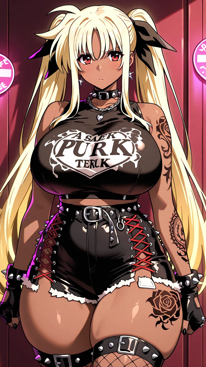 Punk trad goth, Half neon green hair, half white hair, hair style is long pigtails past waist, waist length hair, ombre hair, goth punk outfit, black lipstick, galaxy, night sky, night time, pink eyes, chubby body, chubby girl, elf ears, fangs, pointy ears, fishnet shirt, fishnet, thigh highs, black outfit, choker, ahegao face, lips are colored black, lipstick black, chubby waist, chubby thighs, thick body, alleyway, thong above mini skirt, graphic icon on tank top, crop top, black nails, tattoos, facial piercings, nose piercing, ear piercings, chain jewelry, bracelets, leather jacket, long hair, black lipstick, dark lips, hair length to hips,