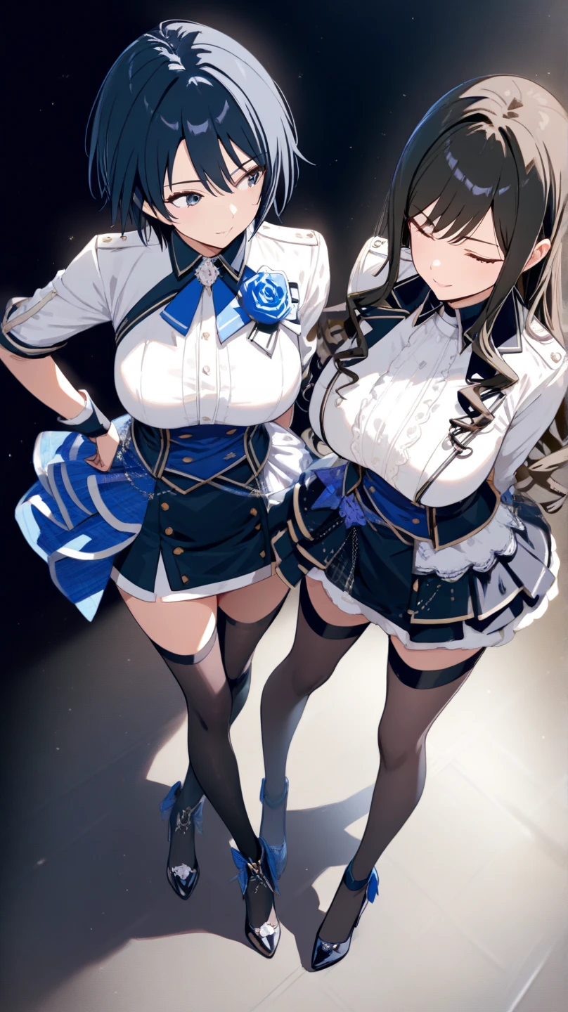 (best quality, In 4K, 8K, High resolution, muste piece:1.2),(two women with different hair lengths),Super detailed, (Reality, photorealistic, photorealistic:1.37), 30 year old woman,ripe woman,((inside a church),muste piece, Top quality, Ultra-fine,maximum resolution, Extremely detailed, ((nun,Angle from below,high neck,White panties)),Cord,smile,open mouth huge tits,blue hair,Seductive thighs,Flipping up a miniskirt