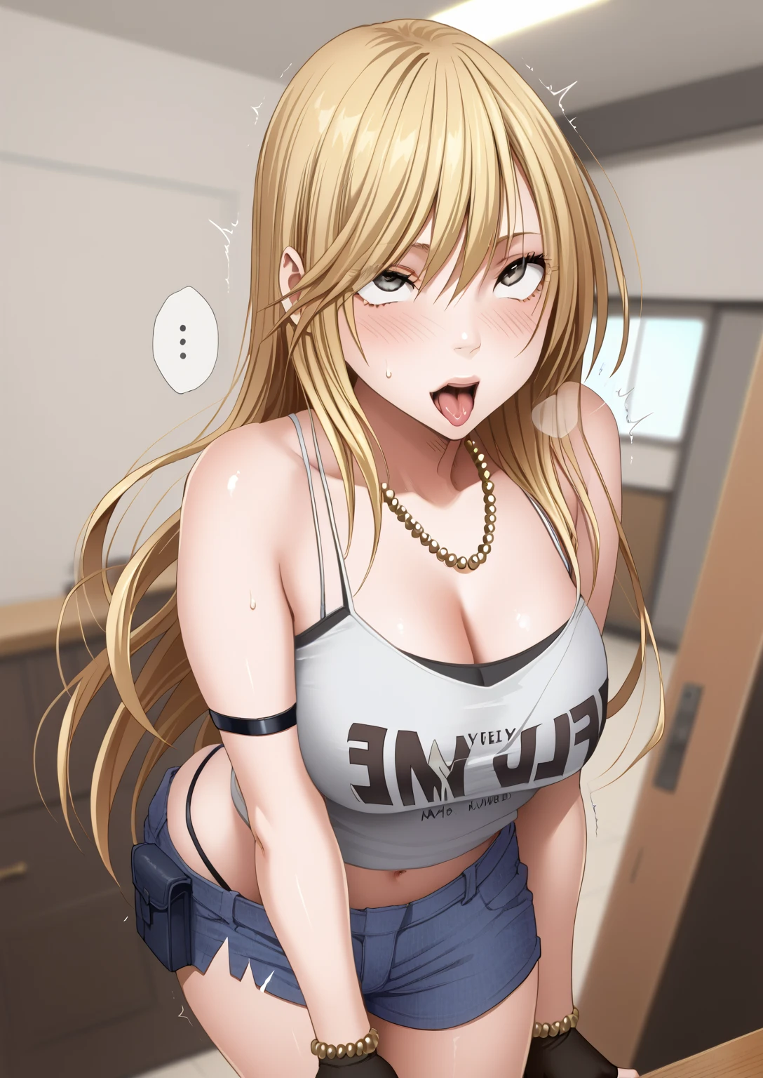 (high quality,Very detailed:1.37, High resolution), Woman, Serval Landau, jeans, large breasts, wetting herself, (standing:1.5), embarrassed, humiliation, (sweating:1.5), (blushing:1.5), Meticulous details, (extremely detailed eyes:1.37)