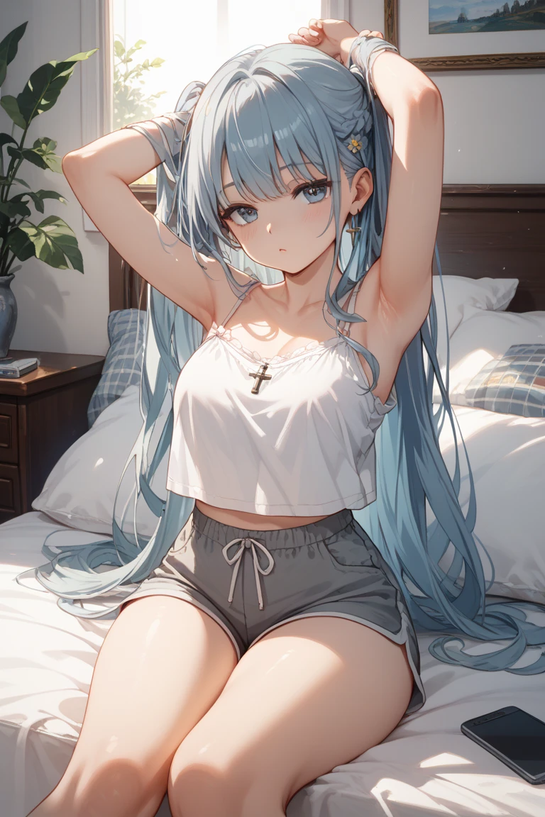 masterpiece, best quality, 1 solo girl, white hair, red eyes, long hair, medium breasts, sexy body and face, wavy hair, sleeveless outfit, white bra, white panty, jewelry, bracelet, necklace, night, cowboy shots, detailed body, face, and eyes, sharp focus, vibrant, creative, dynamic, high definition, high resolution, 8k, (Upscale: R-ESRGAN 4x+ Anime6mage enchance:4x), voluptuous body, lying at the bed,