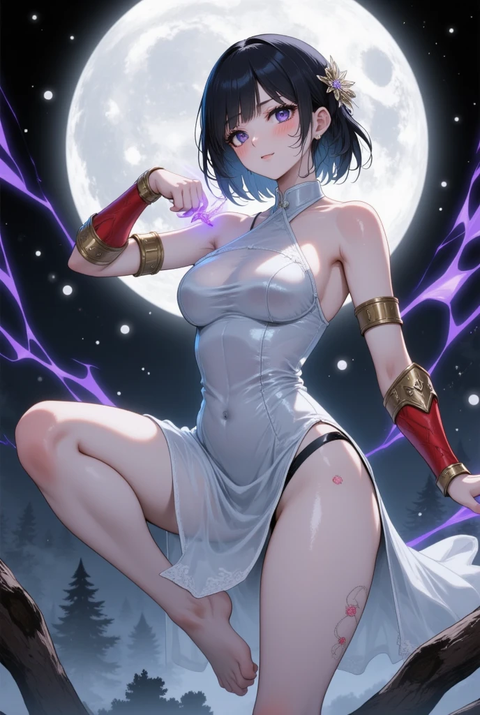 Highly detailed, High Quality, Masterpiece, beautiful, Merlin7DS, <lora:Merlin:0.8>, mature female, solo, cowboy shot, smug, magic, tree, night, night sky, large breasts,