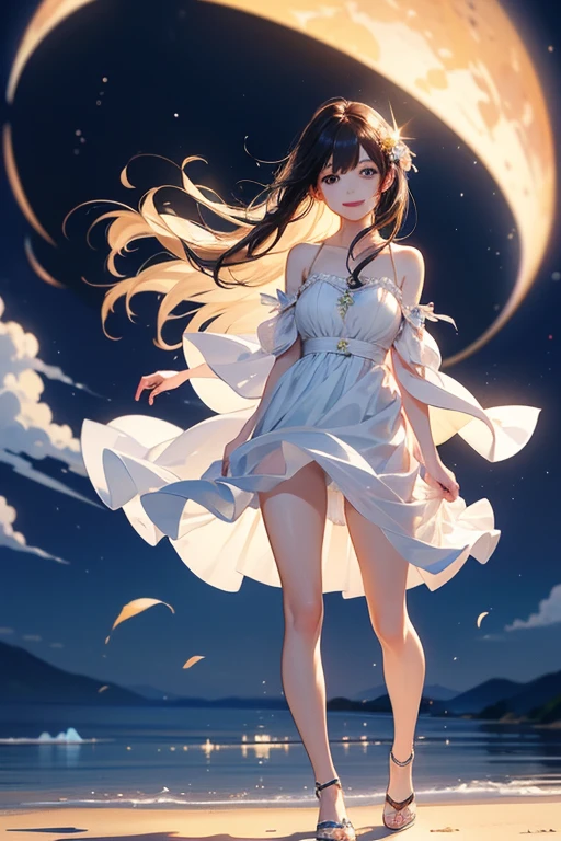 (masterpiece,Highest quality,4K)(night:1.2)Meteor Showers,sky sky,he,Mountains in the distance,1 Girl,cute female ,Brown long hair,Hair blown by the wind,穿着White连衣裙,White,Straw hat,(Turn around and look at the audience),Ethereal,beautiful