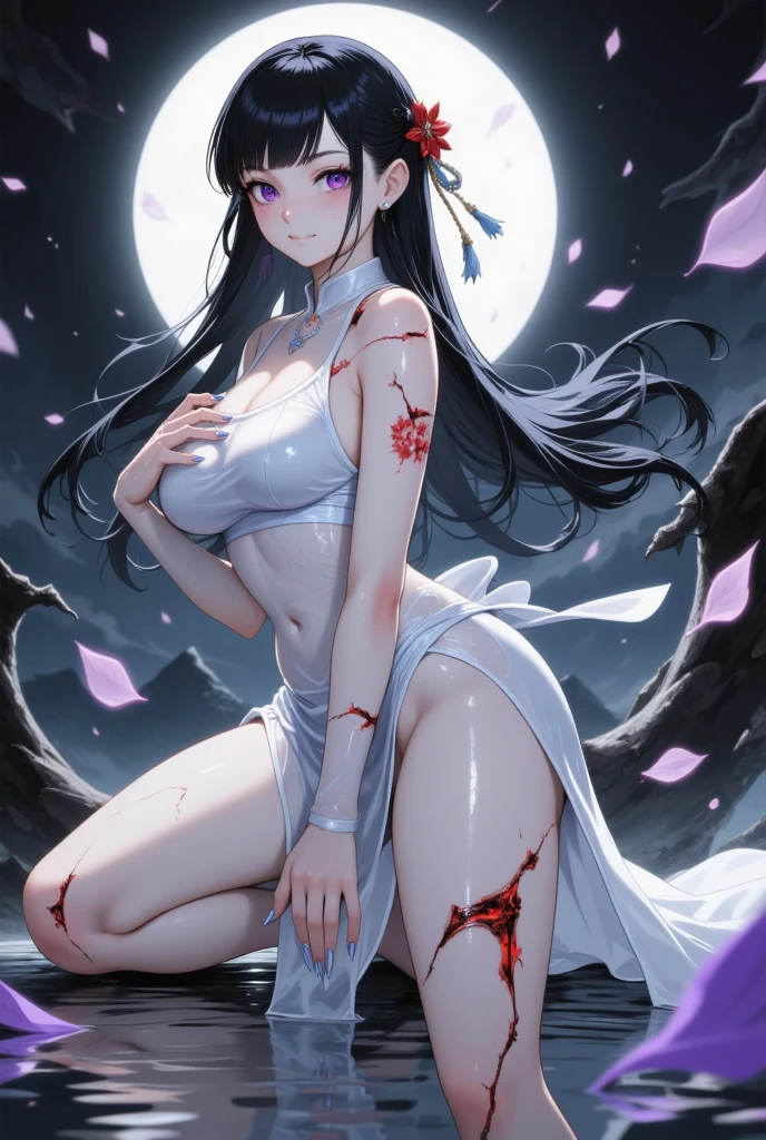 ((A long shot)) of a black-haired anime teen girl, ((sitting in a bloody river)), ((strong moonlight)), cinematic light, slim body, skin is perfectly healthy, soft, and smooth, Extremely delicate and beautiful CG illustration, best quality, high resolution, dynamic angle, full-length lens, (1 girl), floating, (soft light, high-key lighting), glowing light, blue halo, feathers fluttering background, blue crystal, ((very cinematic)), (((blood covered in her entire body))), ((half naked)), ((torn clothes))