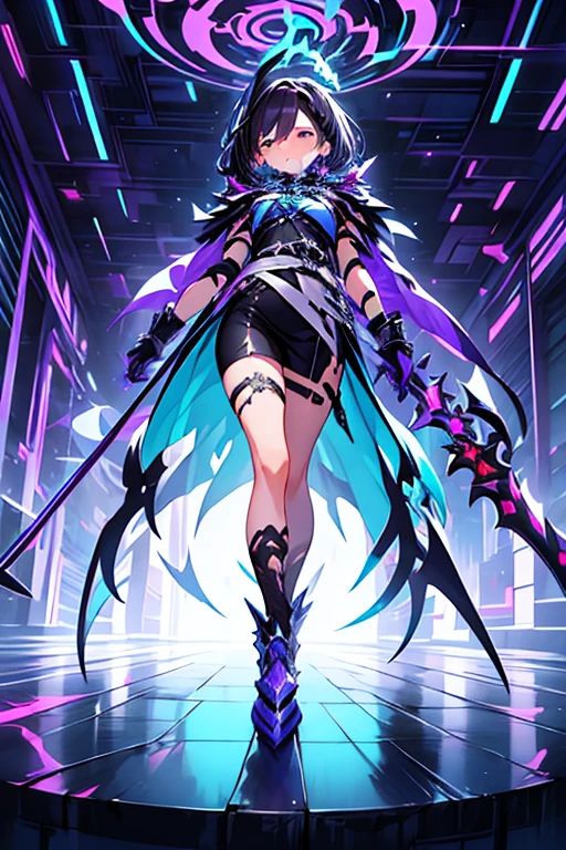 The girl in the picture is wearing armor consisting of various parts and colors. Here is a detailed description:
**armor:**
- **color principal:** bright pink.
- **dark sections:** There are parts of the armor that are a dark purple color, specifically on the shoulders, forearms, elbows, chest (upper and lower zone), and knees.
- **Design:** The armor is tight to the body, covering from neck to toe. It has a segmented design with lines and sections that appear to provide additional flexibility and protection.
- **chest:** La parte superior del chest tiene dos franjas horizontales púrpuras, mientras que la parte central del chest tiene tres flechas apuntando hacia abajo.
- **arms:** Los hombros y los forearms tienen grandes áreas de color púrpura oscuro.
- **legs:** The knees and a section at the top of the boots are also dark purple.
**For the:**
- **color:** bright pink, similar to main armor color.
- **Style:** The hair is short and straight, with bangs that fall over the forehead, partially covering one of your eyes.
**Other details:**
- **gloves:** He wears gloves of the same dark purple color as the other sections of the armor..
- **Boots:** The boots are bright pink with dark purple details.
The color combination creates a clear contrast, highlighting parts of the armor that could be stronger or more flexible. The design is futuristic and gives the impression of being part of a combat or advanced protection suit.