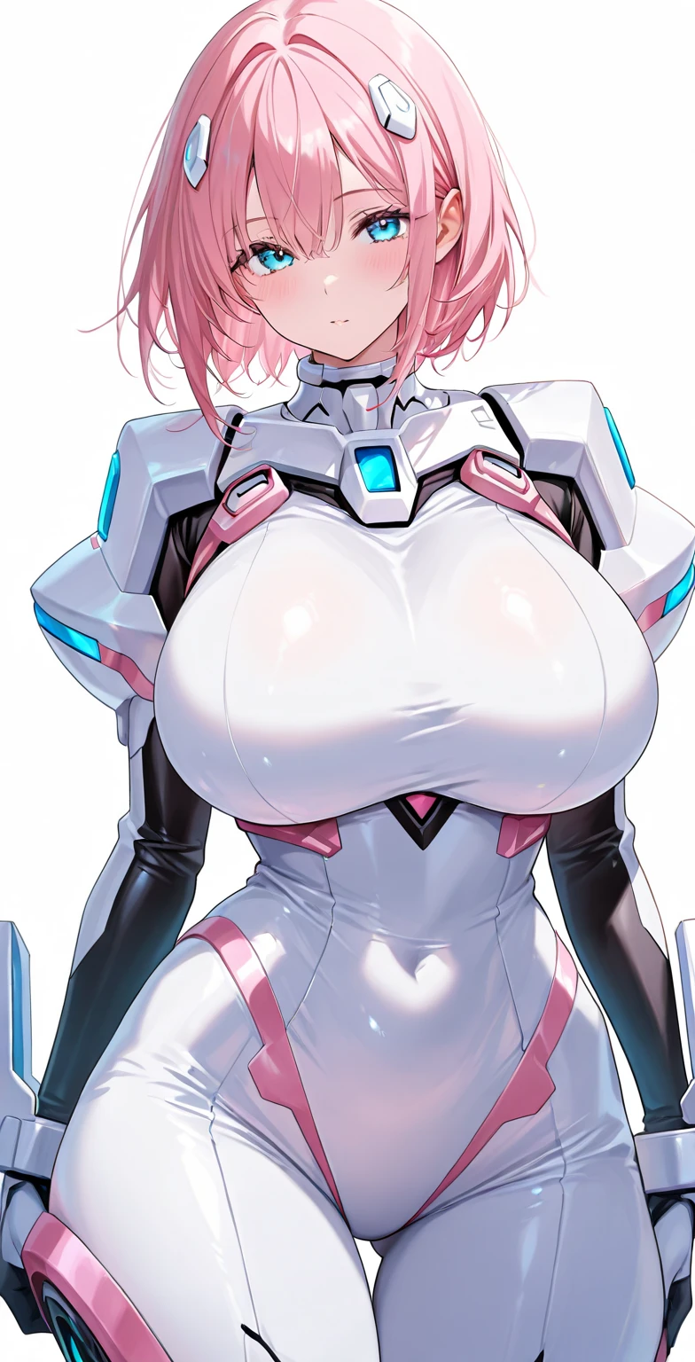 Pink translucent mecha,Arm mecha,Short pink hair,Curly hairstyle,Huge breasts,Cleavage,Half body wearing benzene heavy mecha,fighter hangar,Sexy,lipstick,Gray eyes,Smile,earrings