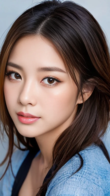 (detailed face),VIVID,normal breasts,pretty,chair,sleeveless and turtle neck white silky clothes,4k ,super high resolution ,(photo-realistic: 1.7),white background,long hair,