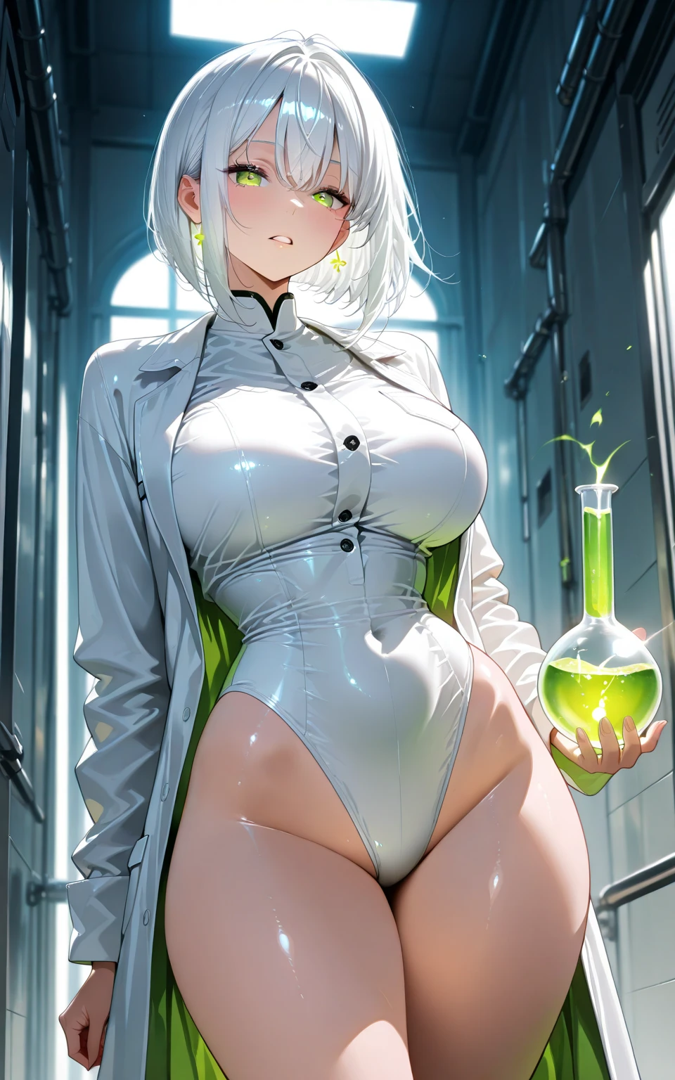 (ghosty:1.7) {(doctor:1.5)|nurse} girl, ((white doctor coat:1.4), (no nurse cap:1.8)), (spirit, spiritual:1.2), 1girl, perfect and well designed glowing shiny eyes, (beautiful detailed eyes:1.05), (natural breasts:1.25), slim body, beautiful and delicate cute face, (face detail), ((realistic face)), pores, ((pale grey skin)), detailed skin, realistic skin, (((bioluminescence))), ((shiny skin)), (multicolored gradation skin), (monster girl:1.25), human face, medium length hair, hair voluminous, (((((multicolored gradation hair))))), super high resolution, 8k, parameters Best quality, (masterpiece:1.4), (magic accessories:1.4), bracelets, extremely detailed thick tight (green:1.2, pink:0.65) ({nylon|lycra}:1.5) ornate (skirt:1.5), (standing nipples under cloth:1.35), (ornaments on clothing:1.5), (neckline:1.3), (cleavage:1.3), decolette, Young Girl, Little Beast, (Smile:0.9), (pale Skin:1.65), ultra detailed, photorealistic, ((Real image)), (best quality:1.4), super high resolution, (Realistic 2.0), More details, (((1girl))), {(medical ward:1.2)|(nurse cabinet:1.5)|(doctor office:1.2)}, futuristic, cyberpunk, magic technologies, (beautiful and aesthetic:1.2), (fractal art:1.4), (cinematic light:1.1), (close DUTCH ANGLE:1.2), 16K, HDR, RTX, Ray Tracing, Radiosity, Anisotropic Filtering, Subsurface Scattering, (((magic lights))), metallic reflections, Detailed, Realistic, 4k highly detailed digital art, (cool_color), extremely detailed CG unity 8k wallpaper, vibrant colors, (seductive pose:1.4)