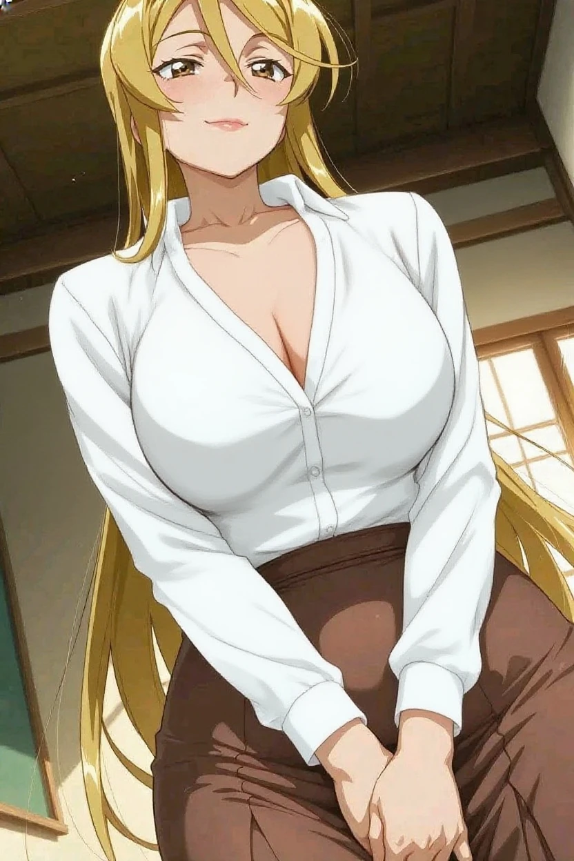 Naruto a beautiful girl character tsunade with a white shirt a little open with big breasts