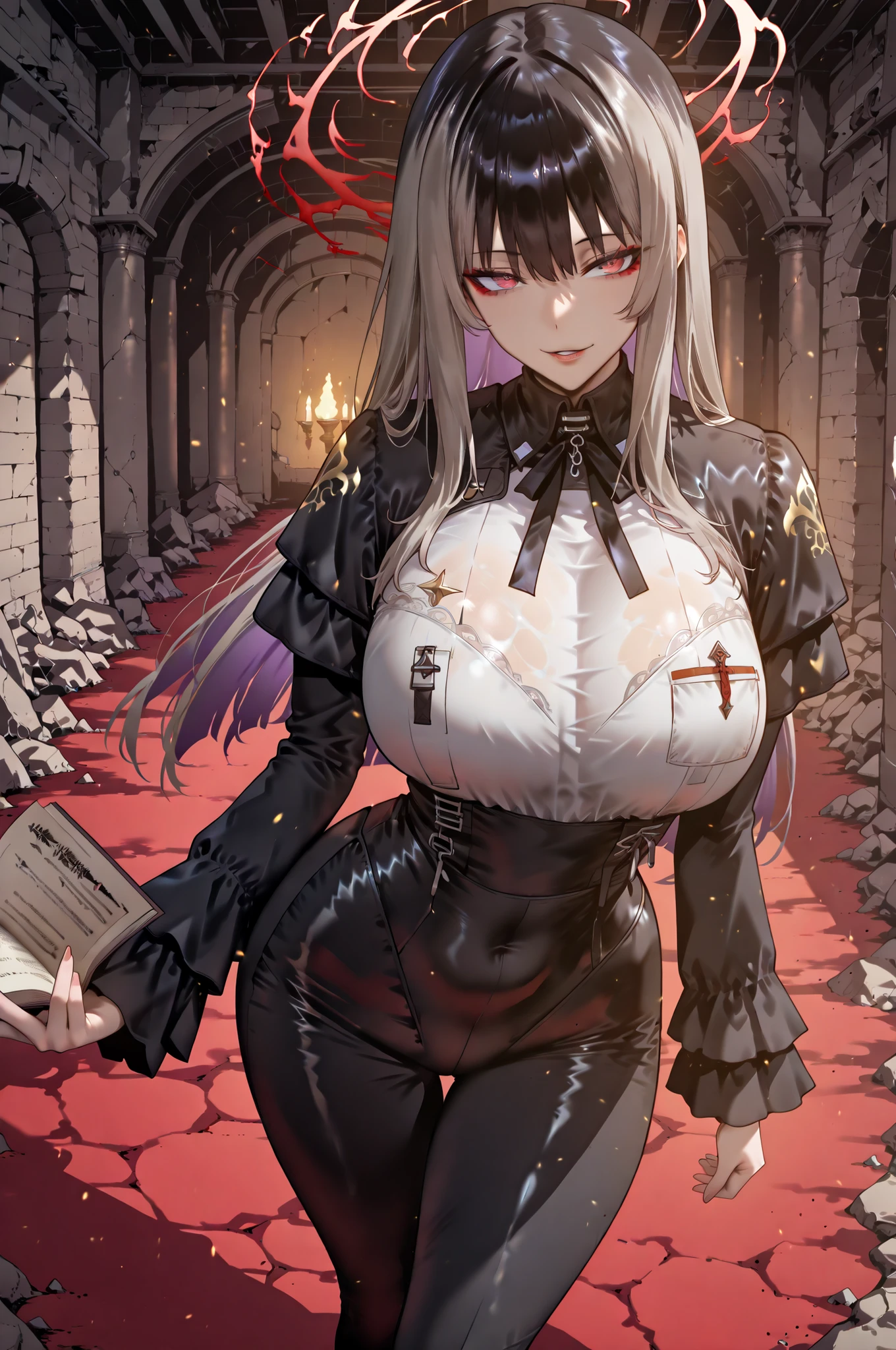 Ball of Light、光magic、taken from above、caveの中、Ruins、black suit、black longsuit、 black long jacket、ゴスロリなshirt、Depressed、Tall Woman、A woman in her thirties、 Alassah's woman、Steins;Gate、 black longsuit 、score_9, score_8_up, score_7_up, Source_anime,masterpiece、No expression、no makeup、top quality,beautifully detailed eyes in a logistics warehouse, Exquisite Eyes、A sophisticated eye、highly detailed eyes and faces,unmotivated expression、lethargic face、 long breasts, Black Jacketを羽織る、Black Jacket、shirt, big saggy breasts, shockingly big breasts, big breasts,big boobs、boobs 、Zitoida, makeup、no makeup、long hair、smooth straight hair、black slacks、tall woman、Tall Woman、plump thighs, parted lips、 shining eyes,(Fire Aura Onkown),dungeon内、Crimson Eyes、long hair、dark haired、黒い髪、Long Straight Hair、dungeon、cave、Ruins、solo、soloプレイヤー、red aura、 Crimson Aura 、Wide ass、beautiful butt、and stick your butt into the focus of your butt、long boots、Shoulder Armor、Fearless Laugh、strong、Is confident、suit pants、黒いlong pants、Black Skinny、long pants、Dynamic、Satu、fight、Satu狂、俺だけレベルupな件、arrogant、 Confidence々The smile 、bewitching smile、Sadist、Satu中、hunting、hunting、intimidating、magic使い、magic、Spell Book、magic、Spell Book、magicの本、Floating Book、floating book、Pearl of Light、Light Ball、 Floating Books、Flying Book、左手にmagicの玉