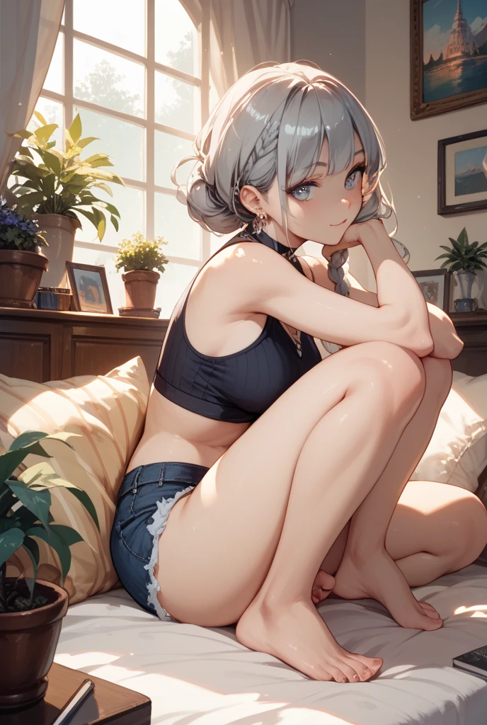 (masterpiece, best quality:1.5), (ultra detailed, high resolution, 8k, beautiful detailed, UHD, best anatomy), white hair, small breasts, 1 girl, barefoot, mirage caused by steam, Wandering in a mirage, crop top, troubled expression, Impatient expression, steam, (can't see anything around you because of a mirage:1.5)