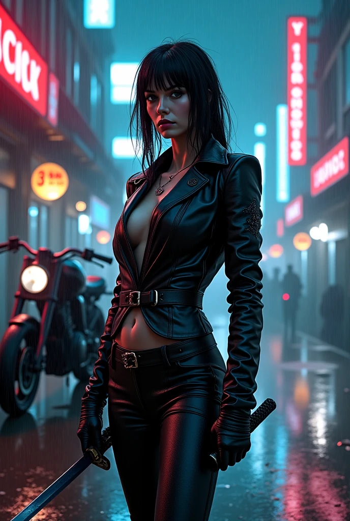 Beautiful, BLACK EBONY CONGO young woman, shoulder length blACK hair,  smoke emanating from BEHIND HER ENVELOPING HER wearing black leather jacket, arms fully covered in black bandages, wearing black leather pants, wearing black leather boots, squatting ON TOP OF A BAR  in a very dimly lit bar, Beautiful, EBONY, young woman, shoulder length BLACK hair, green eyes, wearing black cotton bandana, wearing black leather jacket OPEN IN THE FRONT TO SHOW CLEAVAGE, holding a MG 16 ASSAULT RIFLE,HUGE BREASTS AND CAN SEE DETAILED CLEAVAGE,, DETAILED ABS,ABS,ABS.