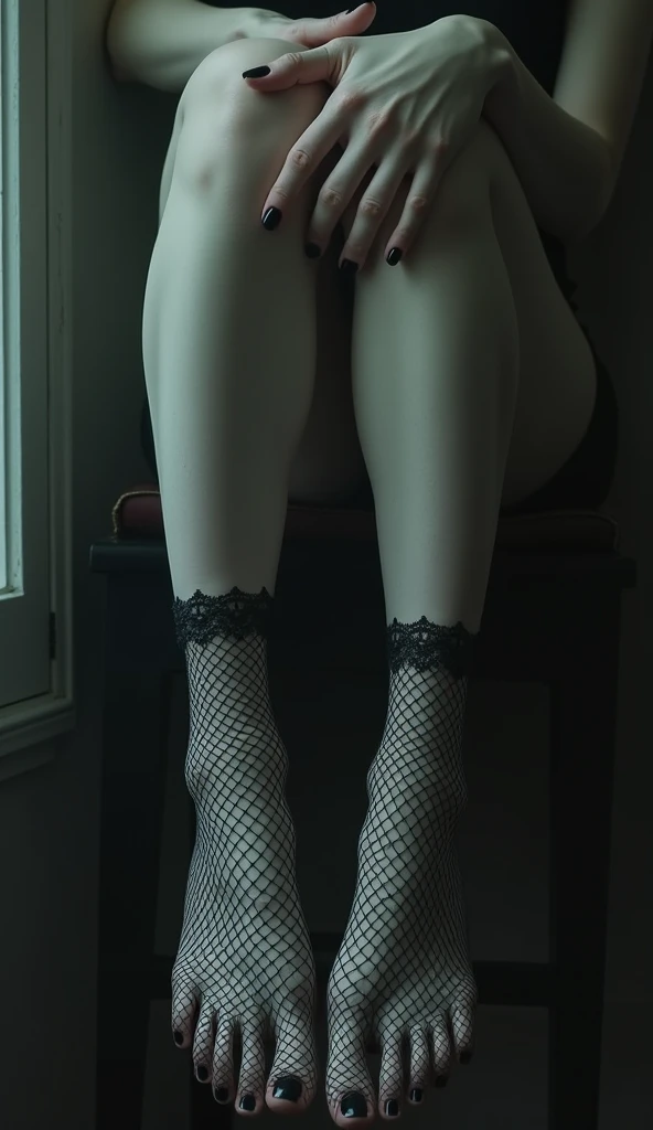There is a woman in a black suit and socks lying on a bed, sitting on the edge of the bed, velvet socks, wearing socks. side view, sensual, sitting on the edge of a bed, wearing socks, teasing, thighs, socks, legs up, sitting on the bed, lying on the bed, reddish lighting, close-up on the sexy woman in detailed lingerie. --auto