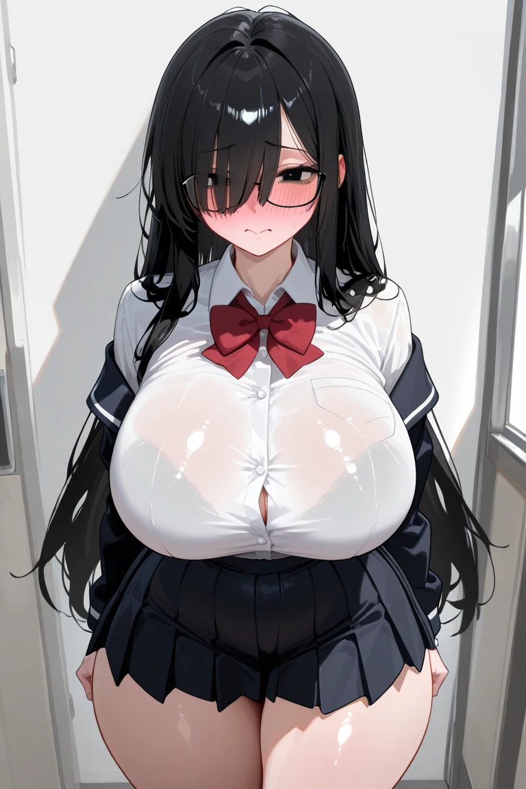 1girl,black hair,blue eyes,detailed eyes, tight shirt,school uniforms,glasses,miniskirt,school hallway,armband ,wide hips,huge breasts,sagging breasts