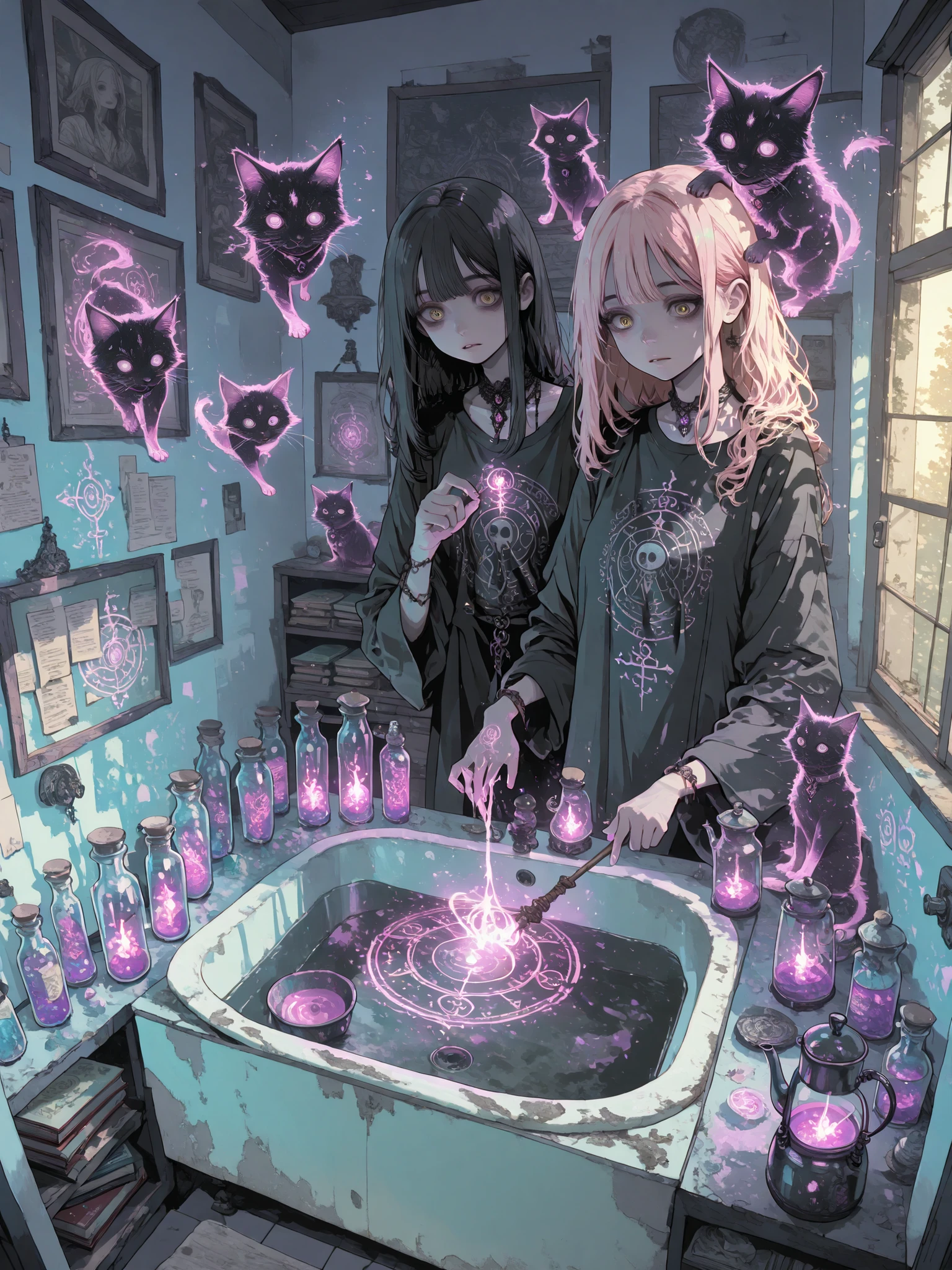 Anime-style illustration of a young female office worker (He is) who is secretly a modern witch, living alone in a cozy apartment. She wears comfortable home clothes with a subtle magical touch, like, a loose robe with lasso embroidery or a casual t-shirt combined with a floating ribbon or enchanted accessories. her hair is freely collected, and the small one a glowing crystal hovers next to her shoulder. She performs everyday household chores with soft magic: dishes wash by themselves in the sink, clothes fold in the air, the kettle boils with the spark of her finger, and her broom floats lazily behind her. The room is filled with magical charm — shelves, filled with potion bottles, books with glowing runes, drowsy the black familiar cat on the couch, and the magic circle glow faintly on the floor. Soft golden evening light comes through the windows. bizarre, warm atmosphere, Anime style, pastel colors, high detail, the cozy atmosphere of everyday life. gothic style, detailed details, horror, Hieroglyphs