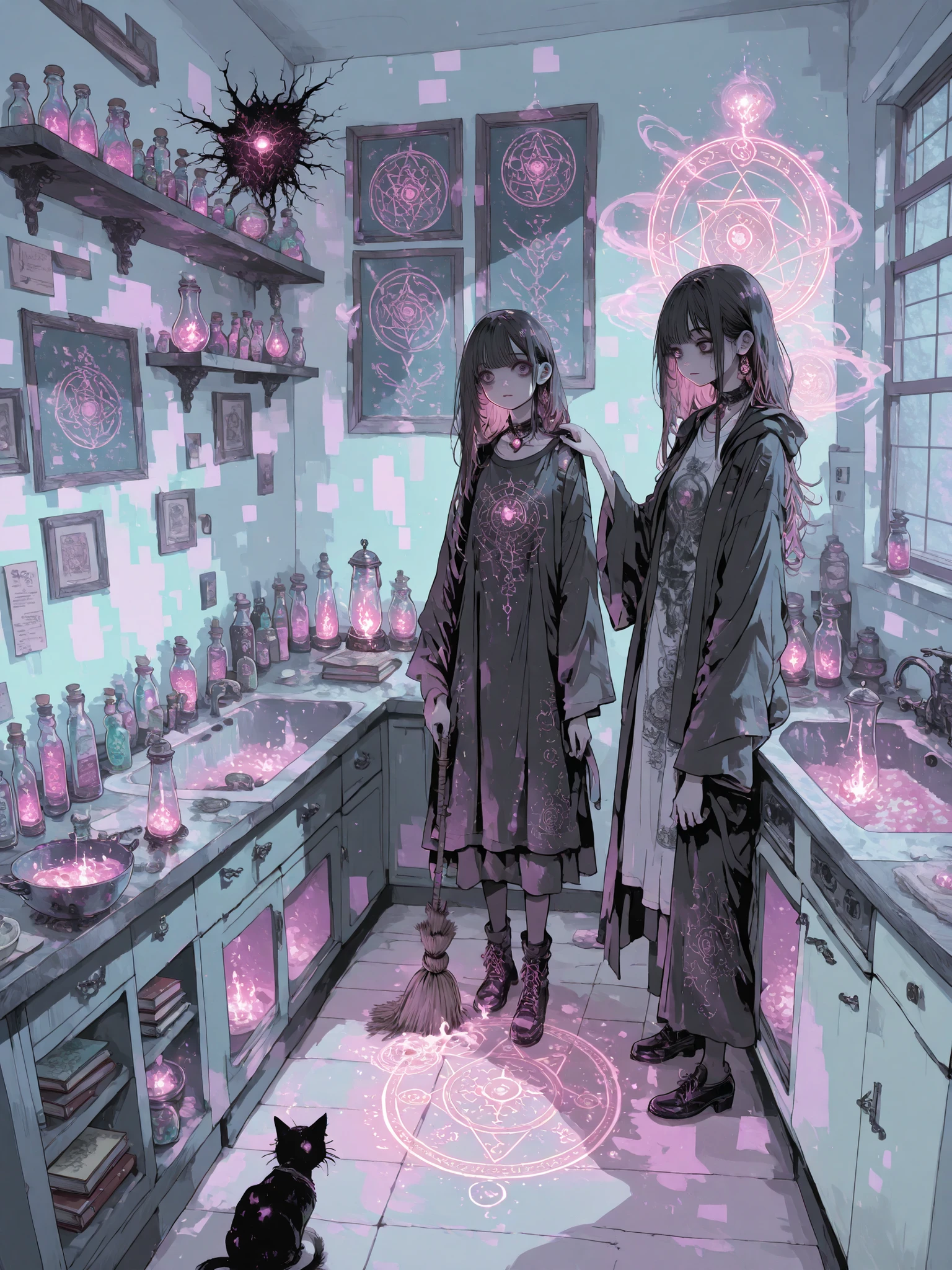 Anime-style illustration of a young female office worker (He is) who is secretly a modern witch, living alone in a cozy apartment. She wears comfortable home clothes with a subtle magical touch, like, a loose robe with lasso embroidery or a casual t-shirt combined with a floating ribbon or enchanted accessories. her hair is freely collected, and the small one a glowing crystal hovers next to her shoulder. She performs everyday household chores with soft magic: dishes wash by themselves in the sink, clothes fold in the air, the kettle boils with the spark of her finger, and her broom floats lazily behind her. The room is filled with magical charm — shelves, filled with potion bottles, books with glowing runes, drowsy the black familiar cat on the couch, and the magic circle glow faintly on the floor. Soft golden evening light comes through the windows. bizarre, warm atmosphere, Anime style, pastel colors, high detail, the cozy atmosphere of everyday life. gothic style, detailed details, horror,  Hieroglyphs 