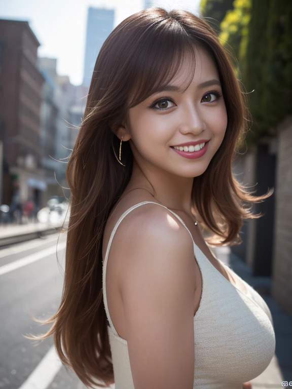 masterpiece,best quality,(Japanese ),((Beautiful girl)),cleavage,(perfect body beauty:1.2),(shy smile),beautiful teeth,Shibuya scramble crossing