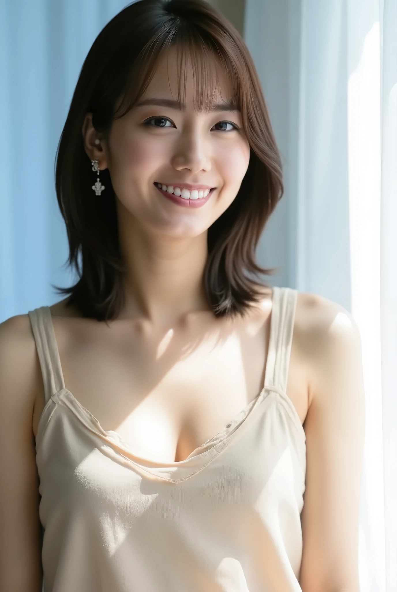 8k, highest quality, masterpiece, Real, graphic, Detailed depiction, Natural light, Japanese female 1 person, 40 years old, Slightly brown-haired, short hair, Y-shirt, (Lean forward to look at the camera on the floor), Detailed pose, On all fours, black flared skirt, Sweater without bra, Shapely bust、she is not wearing underwear、(black dress with wide open chest:1.2)、You can see your cleavage in full、Exposing breasts、Detailed depiction of the chest、A refreshing smile、Friendly smile、Happy emotion smile、The face and skin are very delicate、The eyes are very fine、The face and skin are very delicate、The smile is very delicate、grass、The sky is clear、blue sky、detailed landscape