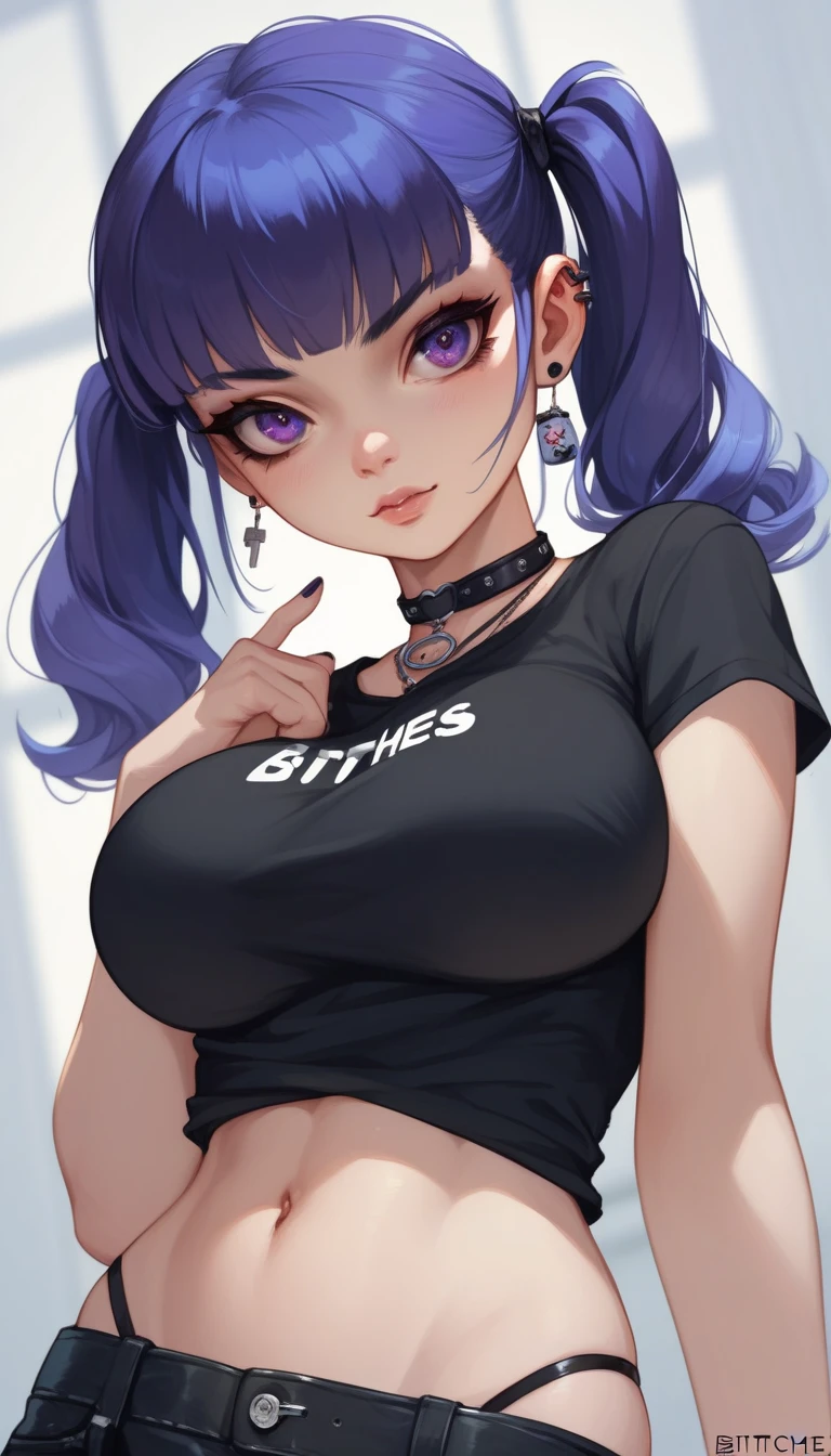 Best Quality,High resolution,8k,(plain white background, no patterns, no textures, just a plain white background:1.3),Masterpiece:1.2),beautiful girl,Big Breasts,(Glossy, deep purple hair:1.3),bob cut,Beautiful purple eyes,A girl wearing a black leather jacket with metal studs, ripped jeans, and a band T-shirt, embodying a rebellious punk rock style,Gentle look,A refreshing look,smile,Best quality,Best Quality,Aesthetic and aesthetic:1.2,Best details((Super detailed))(High-definition CG illustrations),Slender body,smile,blush,cute,Scrounge,Looking up,Being spoiled