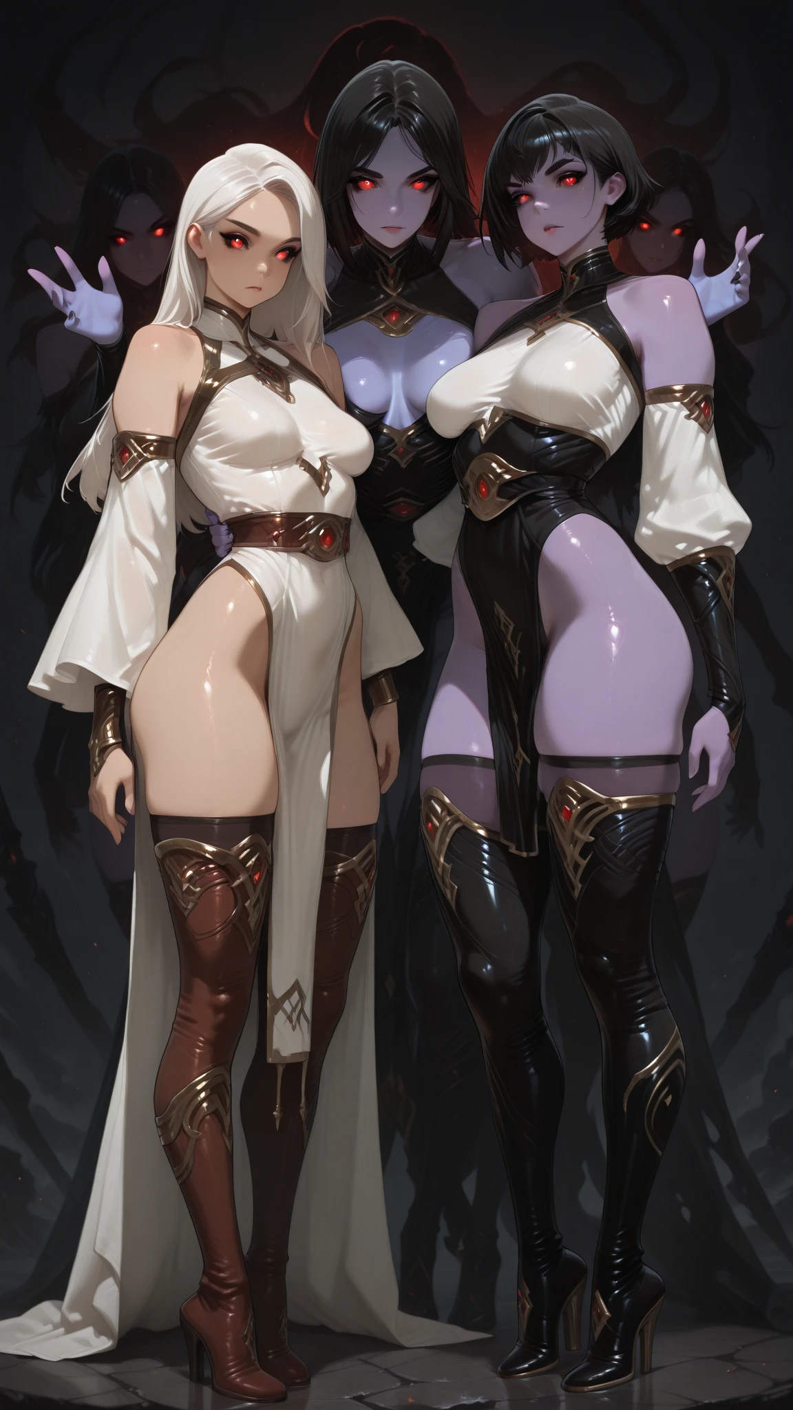 ((best quality)), (detailed), 1 women big pornstar heavy knight armor, 8k_wallpaper, extremely detailed eyes, (large masterpiece digital art), (intricate details:1.3 ), (ultra-detailed:1.3), (sharp focus:1.3), (natural lighting:1.05), (vivid colors:1.3), (best quality:1.4), expressive eyes, full body, detailed face, beautiful face, perfect face, ((hair sandy white curls)), ((gold horns)), (gold eyes), {{dark skin}}, ({dark skinned female}), (big breasts), huge chest, big wide ass, powerful relief muscles of the abdomen and legs, powerful strong muscles of the arms, belly piercing with blue emeralds, cruel predatory and cold-blooded arrogant look and smile, heavy steel armor in a red metallic hue, a translucent blue crop top very clear outlines of huge pointed nipples with large piercings under the fabric, steel combat pauldrons, steel bracers and leather gloves, leather pants with steel silver thigh shield plates under which I can see the clear outlines of a big vagina, a medieval marching backpack, a walk at dusk through a dense dark forest and ruins of an elven village with a backdrop of glowing in the dark with different shades of vines and flowers, fantasy adventure style,