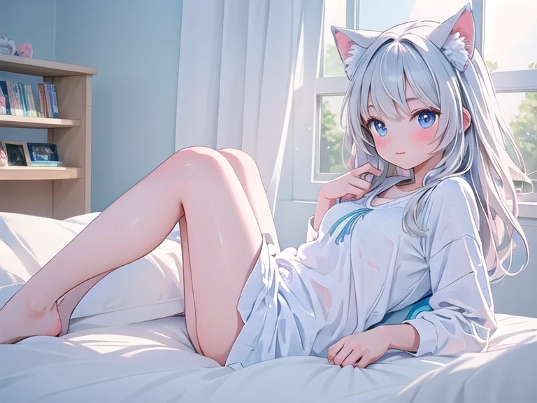 one girl、19 years old、silver hair、bob cut、unkempt、(Looks sleepy)、((Mysterious Beautiful Girl))、light blue pajamas、fox ears、bangs、blue eyes、((take your eyes off))、smile、morning、colorful room bed、from thighs to head、classic、aerial perspective、detailed picture、atmosphere、(transparent),(pure)、perfect hands、Hands without distortion、The fingers of one hand are5Book、