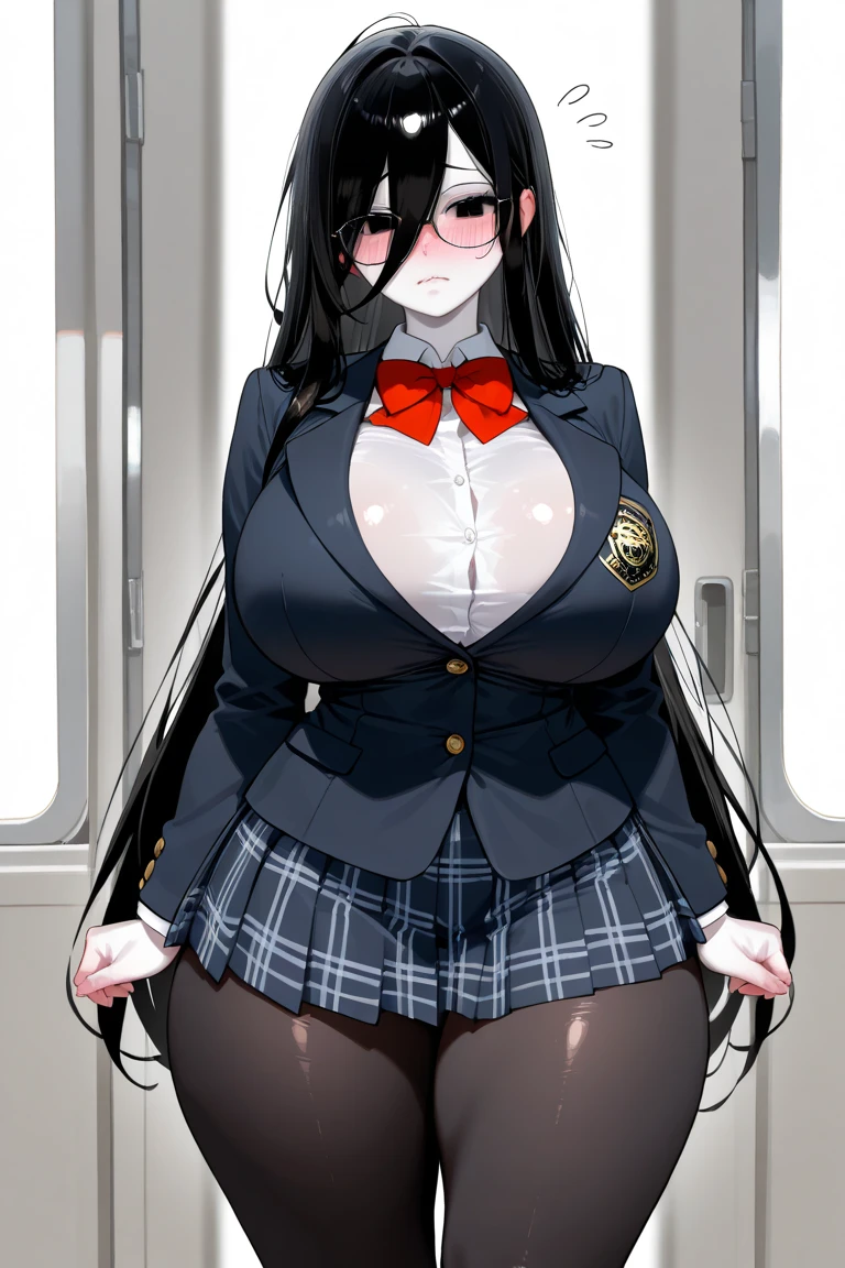 trains, 1 girl, Hairclip, One, Looking at the viewer, blazer, a white blouse,black suit with skirt, split, (glasses), Tights, Class, board, Hands on hips, Tights, glasses в красной оправе, hairy pussy   