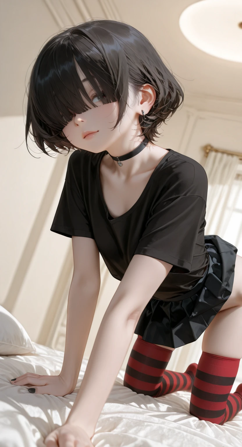 (masterpiece, best quality)),((highres:1.2)), 1 Girl, solo, Blurred Background, ((flat chest)), Thighs, (Groin), gray stripe underwear, (((nipple))), ((pixie cut:1.3)), [[navel]], cheek, Excited pose