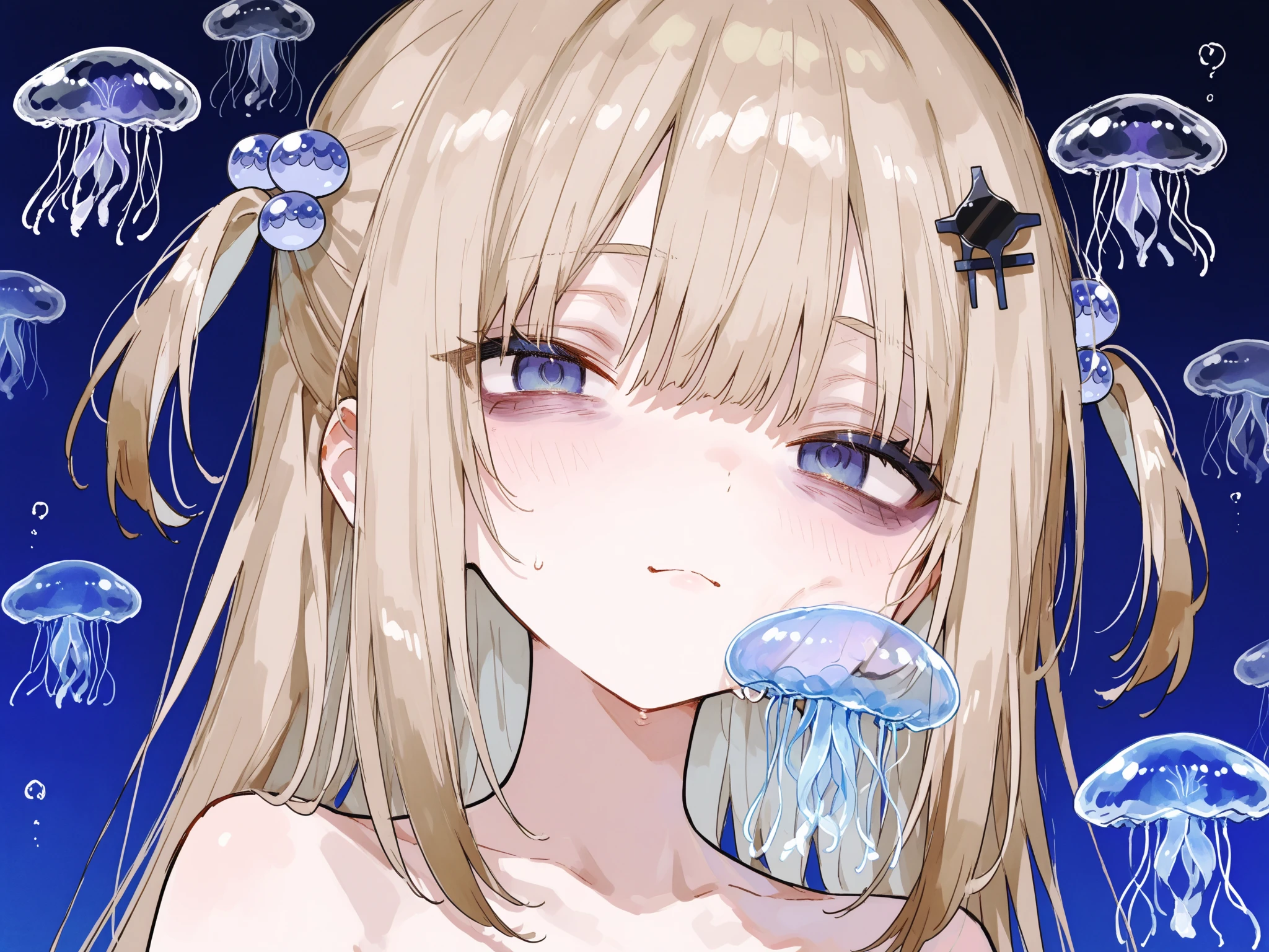 hitenkei style, claude monet, oil painting, mermaid, ((topless)), nsfw, masterpiece, underwater, dark sea, 1 girl, erect nipples, intricately detailed, navel, bare shoulders, blonde hair, pearl necklace, fin hair ornaments, under sea, extremely detailed, bare breasts, puffy nipples, blue eyes, bare stomach, soaked, medium breasts, arm strap, swimming, teen, soft eyes, smiling, armpit, happy, half open eyes, lusty eyes, blushing, long hair, side bangs, sleepy eyes, large nipples, lifeless eyes, ((tongue out)), open mouth, ((long tongue)), ahegao, giant octopus, tentacles, tentacles wrapped around the body, tentacle on mouth, saliva, tentacle rape, slim waist, fucked silly, orgasmic face, ecstasy, smiling
