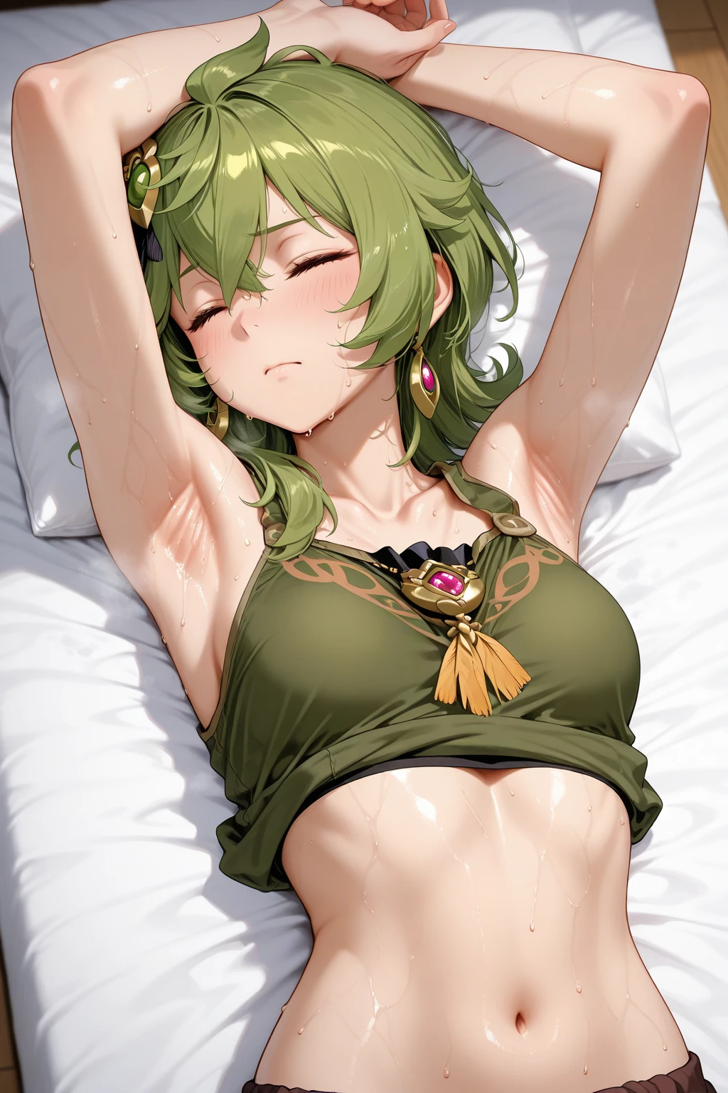 mitsuri kanroji,sleeping,half covered with blanket,sleepy, sleeping,feets,red nails,red underwear,abs, laying on bef, head on pillow,sexy,large breasts, smiling 