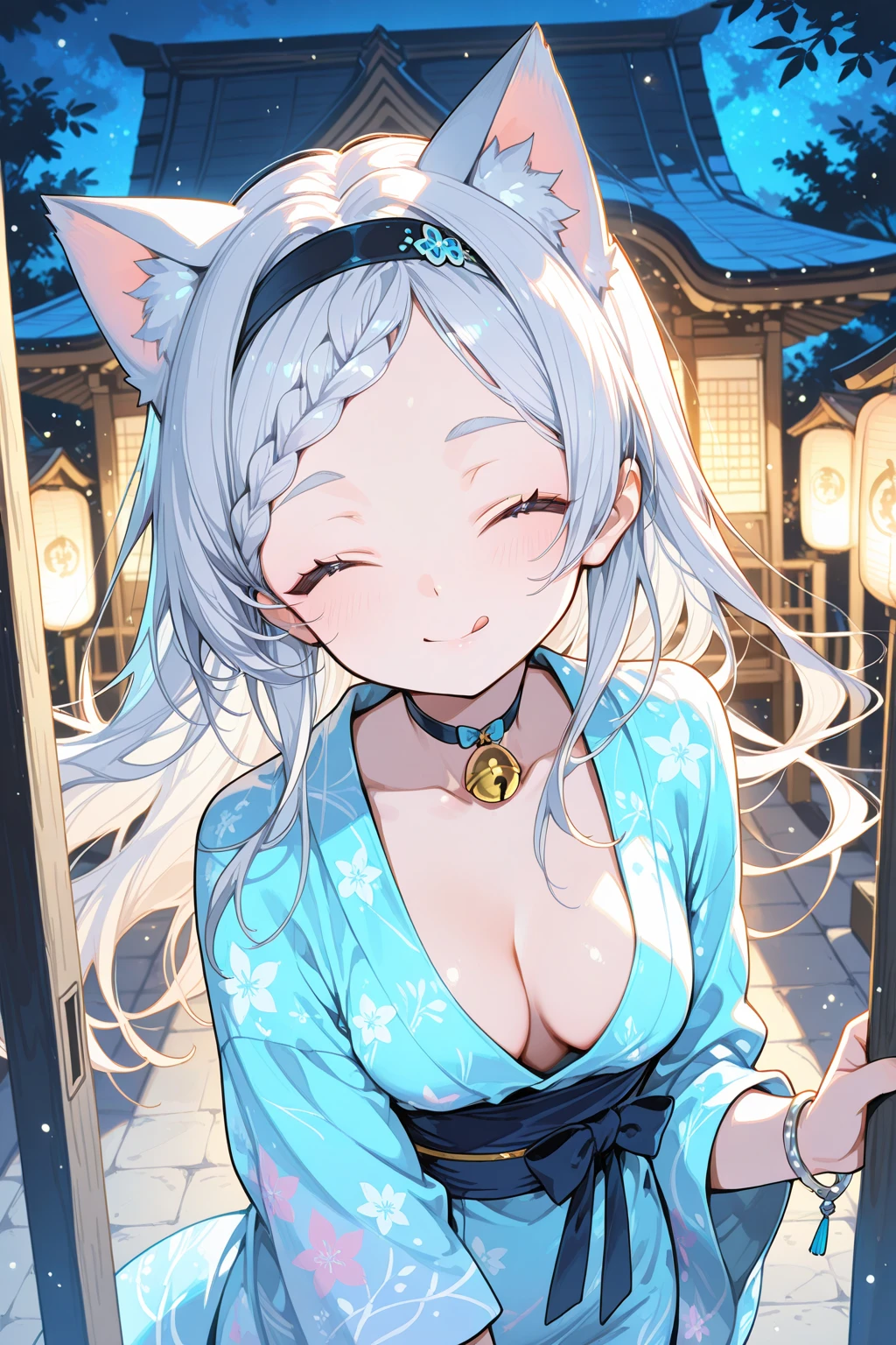 Full nude_nude nipple emphasis　one_girl white_hair　Droopy eyes　Fleeting　calm　mild　mischief　Smile　cute_girl cat ears　Cat mouth　green_eye　Moe sleeves　gray_Farbe_chinese_clothes　Belt on torso