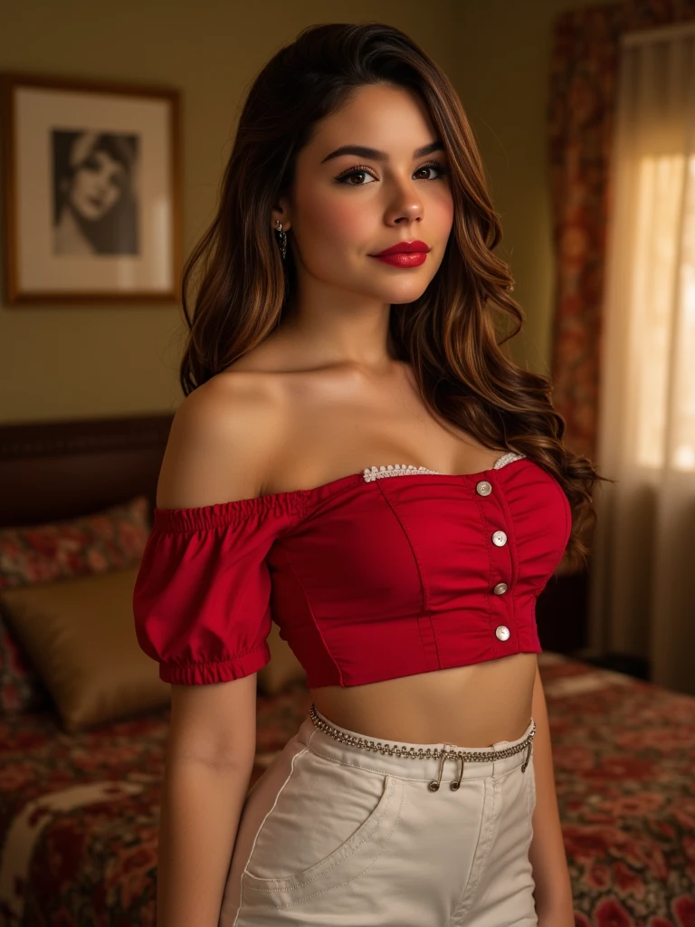 Hyperrealistic close-up photo of Eva Longoria, masterpiece, Best Quality, (photorealistic:1.4), (traditional long red Mexican skirt:1.2), (traditional red Mexican blouse with straps:1.2), Mexican city landscape background, cinematic light, beautiful woman, skinny, medium breasts, Smooth brown fur, detailed face, smile, photo taken from a distance, 20 years old tears