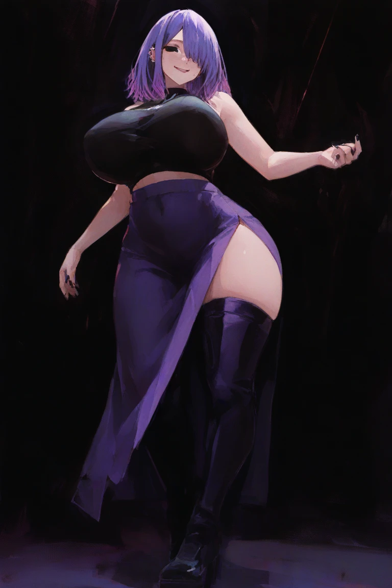 (masterpiece), best quality, expressive eyes, perfect face, demon girl, huge girl, female muscular:1.2, big horns, big breast:1, curvy:1.4, tiara, short hair, barefeet, evil smile, ((blank background)), (full body framing), ((thick thighs:1.4)), (long legs:1.7), amazon body, toeless boots, tattoo, purple skin, red eyes, (purple skin tone )