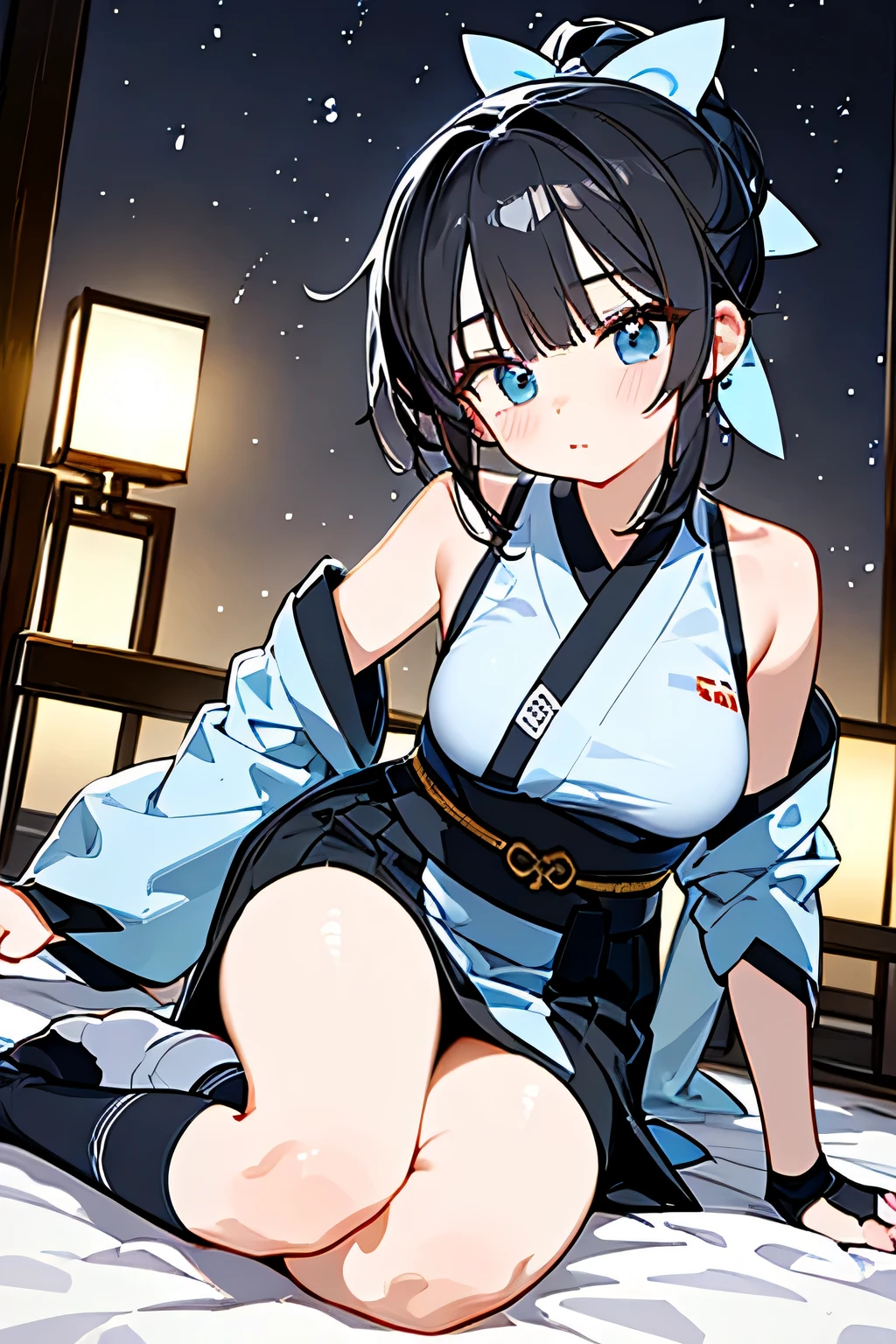 Ninja,Beautiful girl,cool x ponytail,masterpiece, natural body,fingertip gloves,((Light blue kimono x sleeveless x kimono skirt x original kimono)),stumbling, socks,undershirt visible,black knee-high socks,Detailed Clothes,(slender figure,marshmallow breasts ),Beautiful Black Hair,Clear light blue eyes,well-groomed face,clear skin,Fair skin,Japanese face,night,Satu,Setting materials,Satu Kingdom Era,