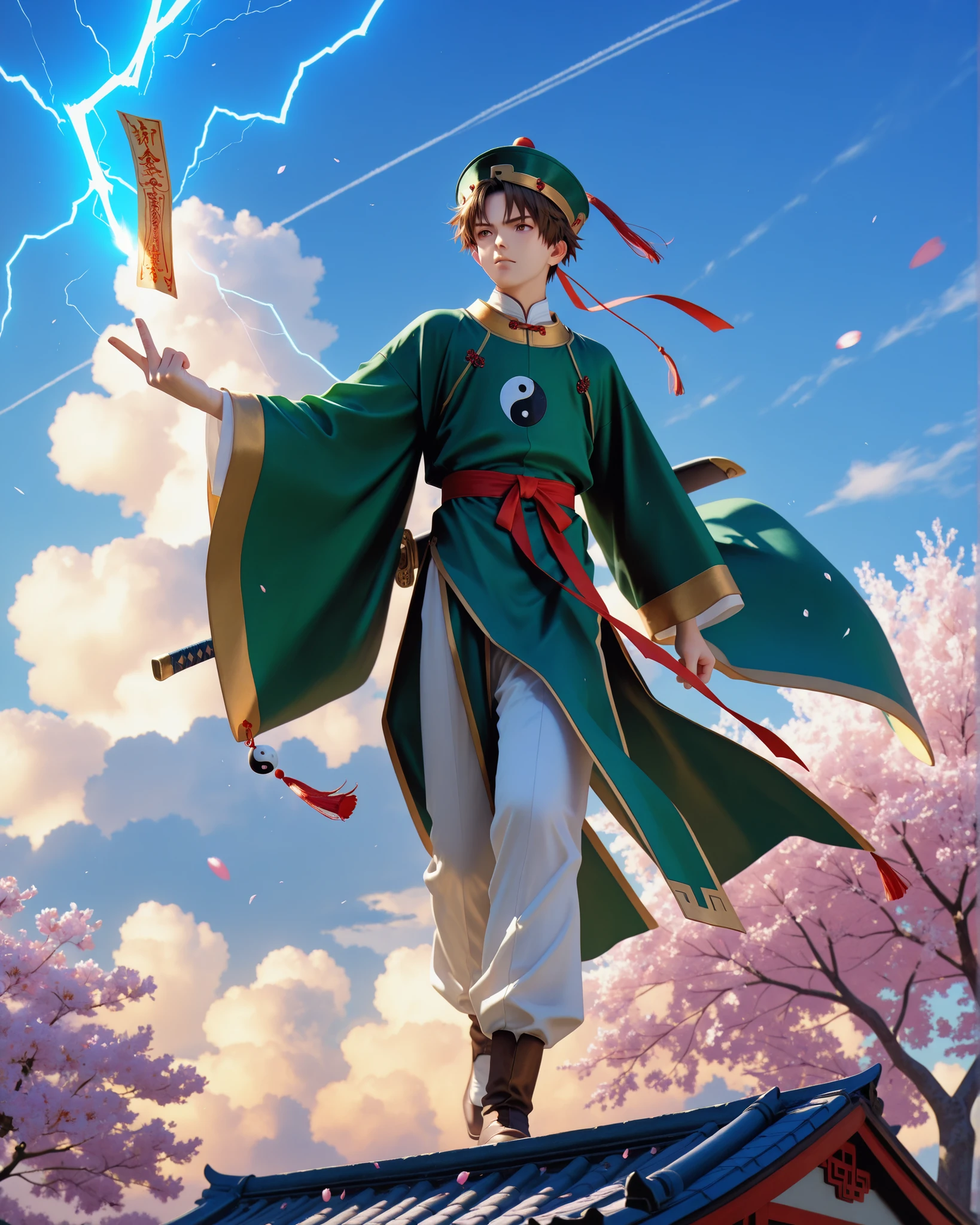 (masterpiece, absurdres, realistic:1.2), (photorealistic:1.5), best quality, Ultra High Resolution, 1boy, RiShaoran, japanese boy, very handsome, perfect face, cute face, intricate detail, clear and beautiful detailed eyes, detailed skin, pale skin,
male focus, solo, brown hair, brown eyes, hat, green headwear, chinese clothes, shirt, white shirt, pants, white pants, robe, green robe, yin yang, long sleeves, wide sleeves, perfect hand, the index and middle fingers of the right hand holding a vertical talisman (the talisman has four large chinese characters "雷帝招來" in the middle, lightning magic flashes around it), left hand holding a sword, Excellent body proportions, perfect anatomy, dynamic pose, full body,
outdoor, sky, cloud, flower, tree, cinematic composition, soft lighting, Cinematic Lighting, deep shadows, Bright colors,
