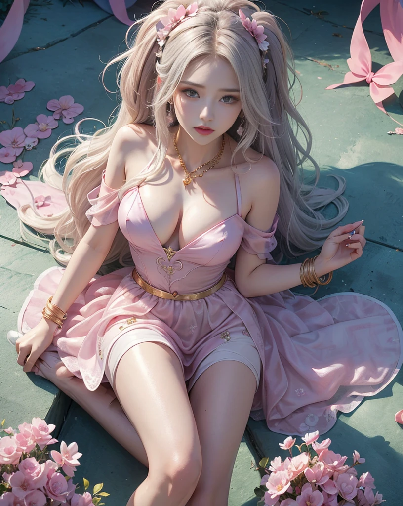 Oil painting illustration、photorealistic illustration、kawaii girl、20yr old、3/4 angle、cowboy shot、feet pose、cute face、adolable、glowingblueeyes、Look at viewers、Pink lips、a smirk、blonde hair、Twin-tailed、Off-shoulder neckline、鎖骨、decolletage、White delicate lace、frilld、Delicate gold accessories、pink flowers、Green leaves on the background、bokeh dof、Soft light、Large bust、
