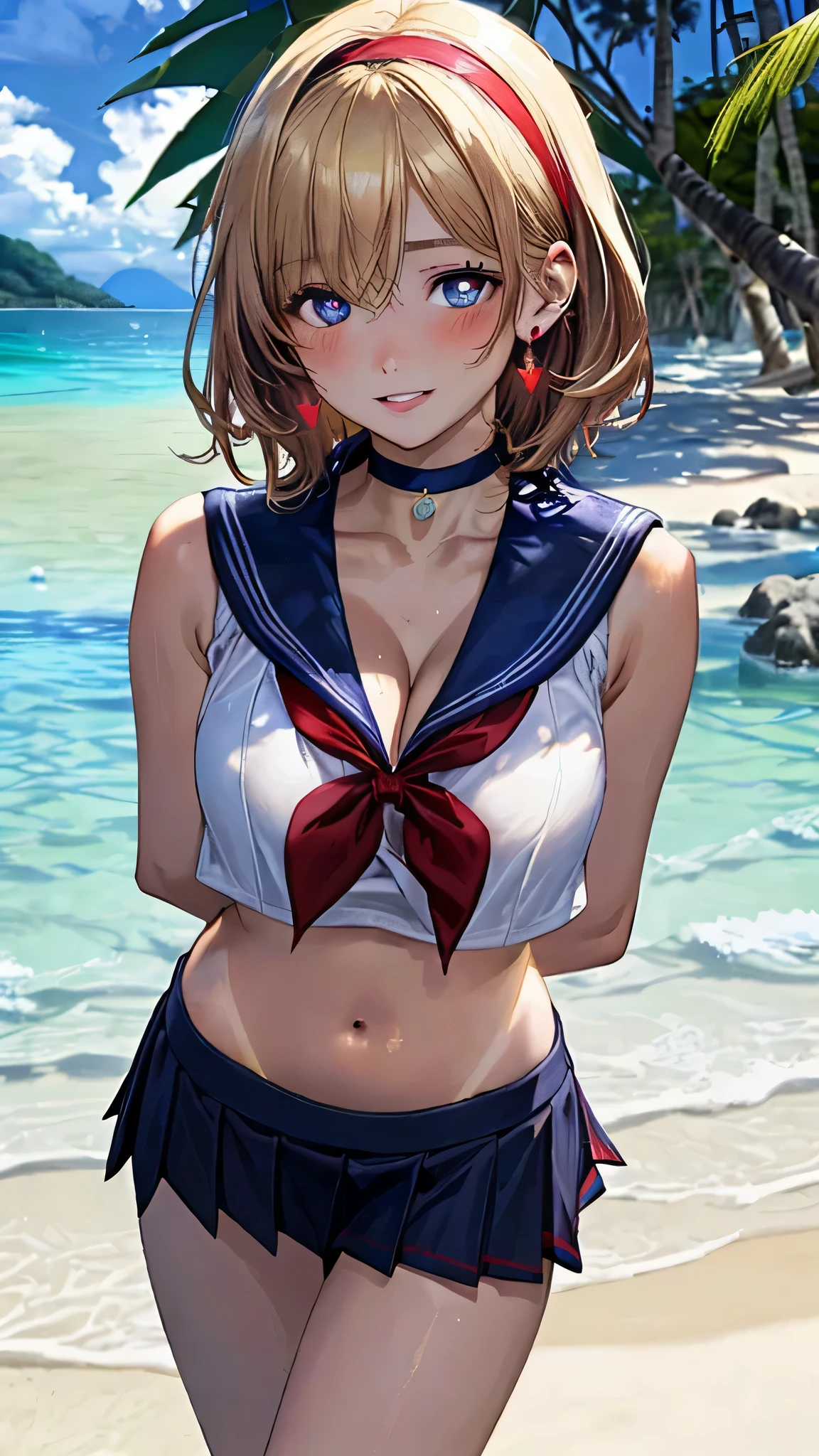 A sexy、Pubic hair shows through、The bikini、Swimsuit、swim wears、large boob、Valley、1girl in, There is Makanai, Hats, blue headwear, beret, Blunt bangs, (​masterpiece:1.2), Hi-Res, top-quality, 8K,
