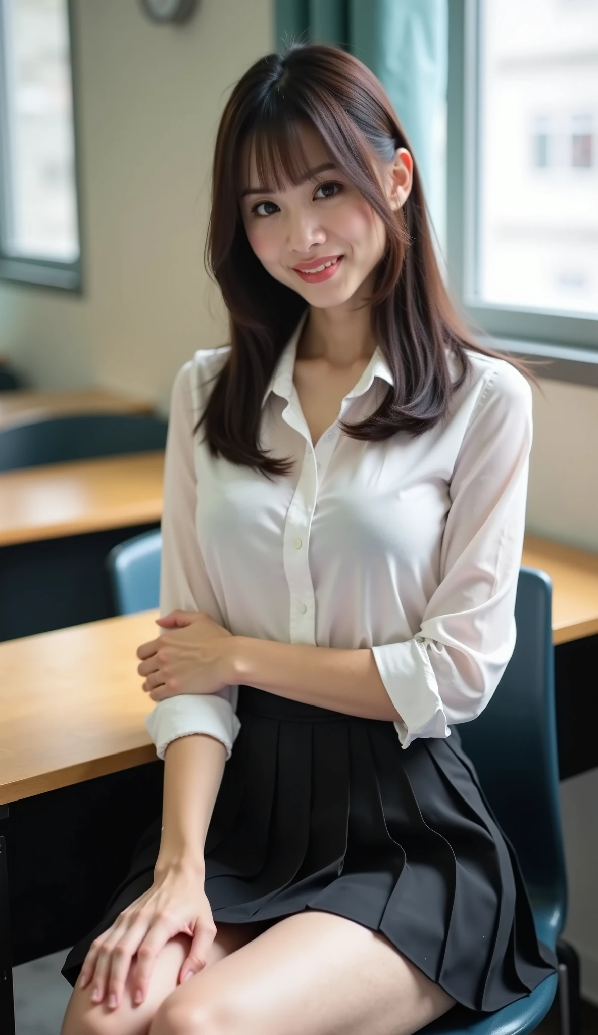 (masterpiece:1.3), (8k, Realistic, Raw photo, highest quality: 1.4), (Real Skin), Beautiful Skin, Charm, Ultra High Resolution, Small breasts:1.5、Smiling face:1.5、Beautiful OL:1.5、office:1.5、short hair:1.5、blouse:1.5、Side angle:1.5、Sitting in a chair:1.5、Tight Skirt:1.5、Panty shot