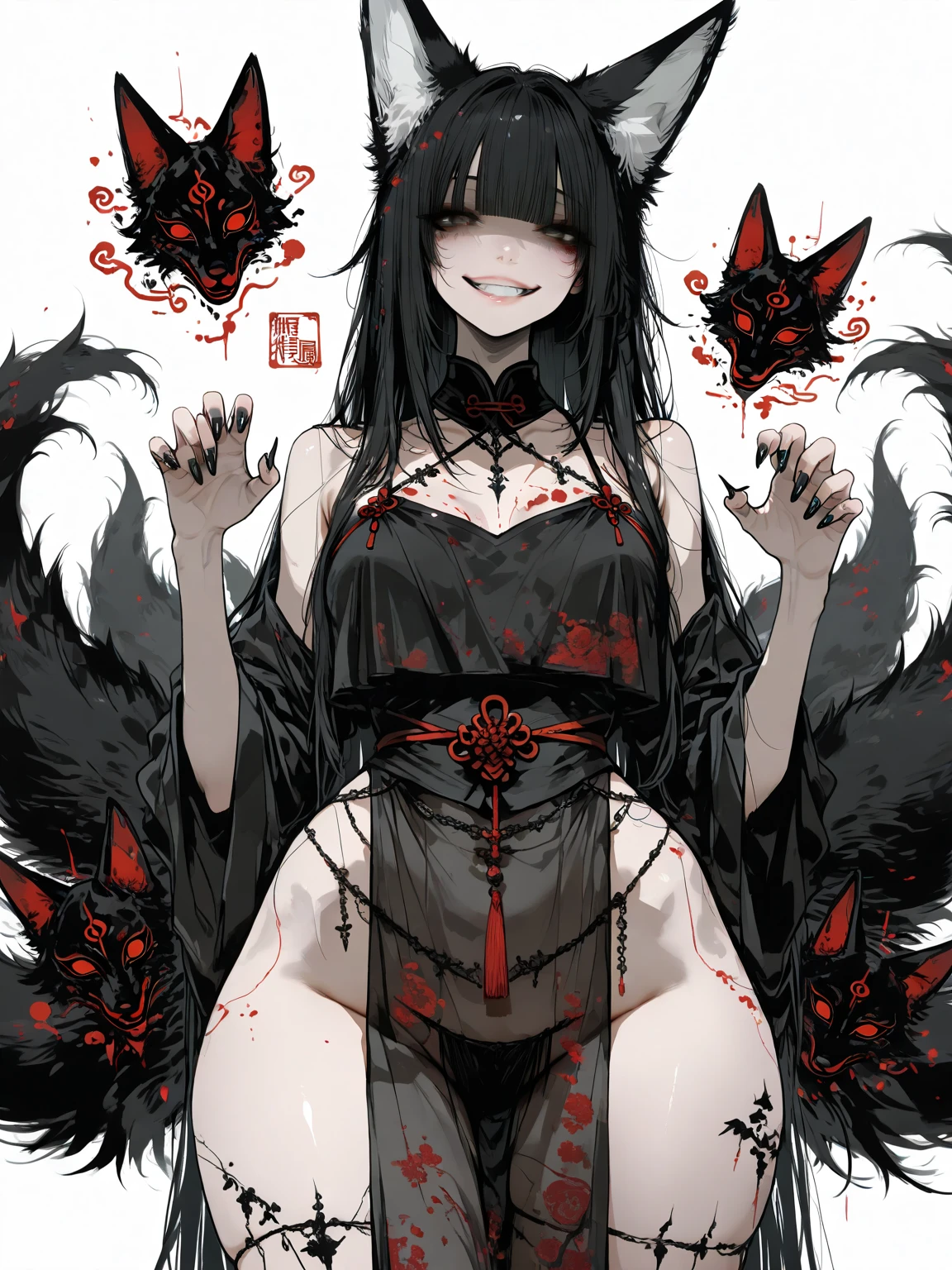 Girl Naked, fantasy , full color, black hair, nude, glowing red eyes, blood in body , skinny, killer, all body